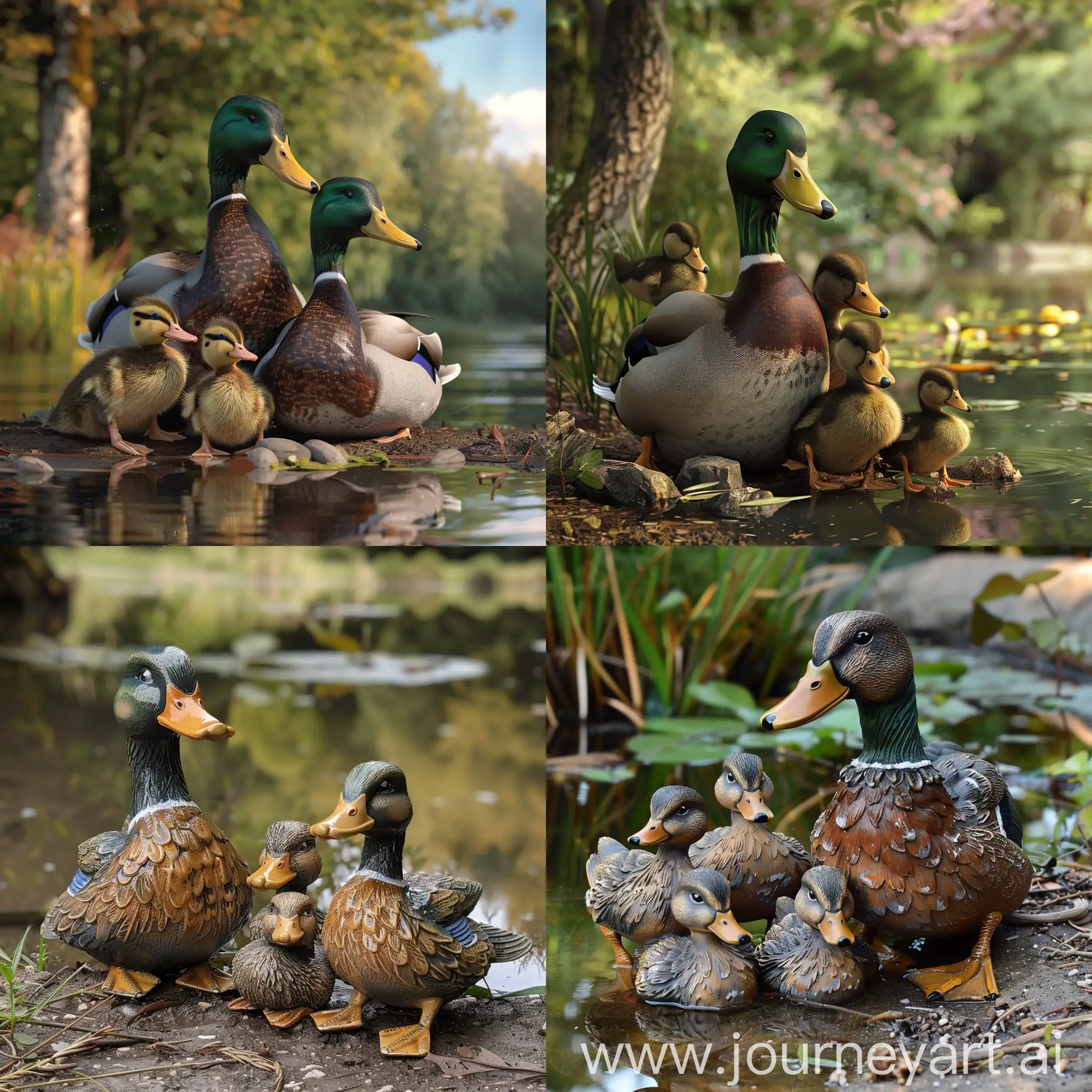 A realistic anthropomorphic duck family sitting together next to a pond