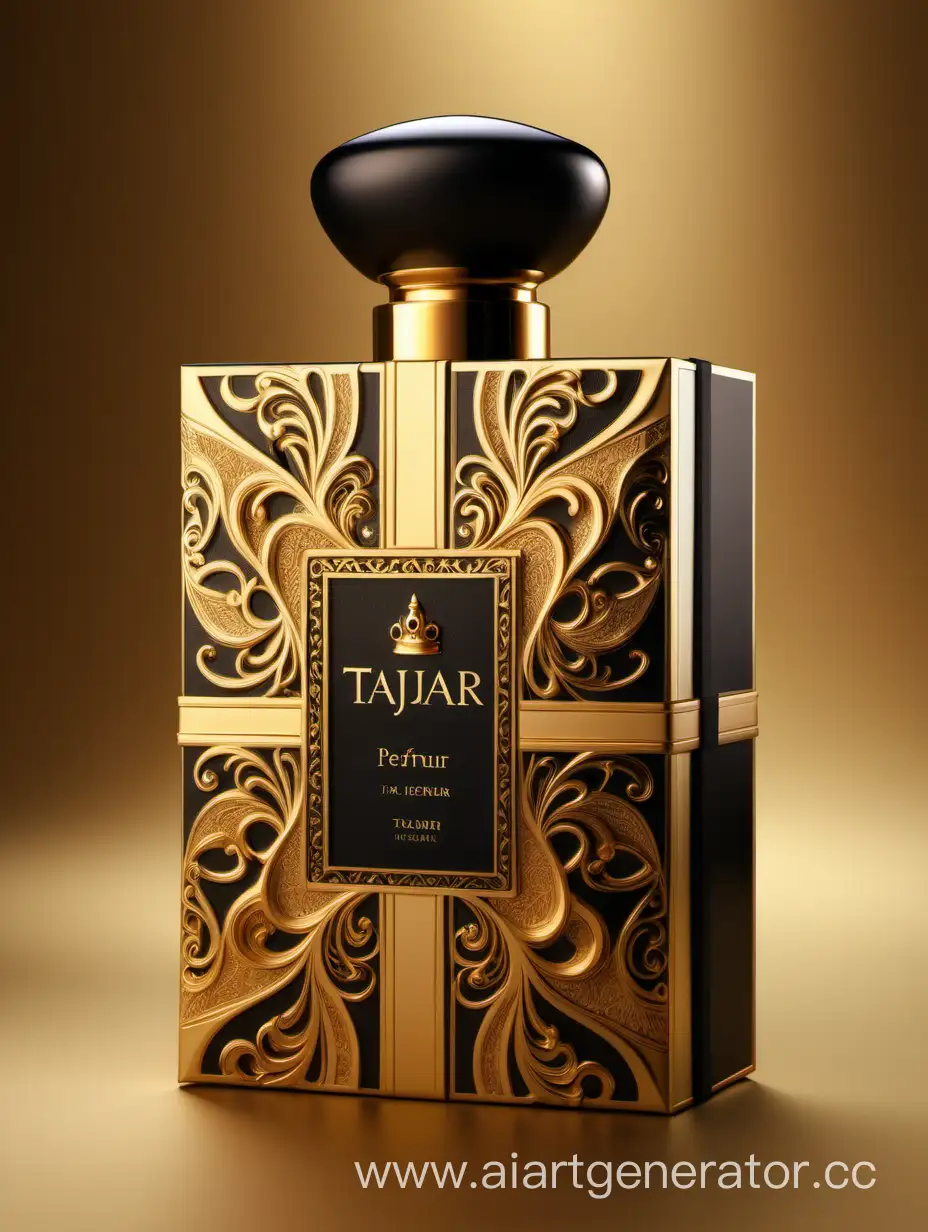 Luxurious-TAJDAR-Perfume-Box-Design-with-Gold-and-Royal-Black-Elegance