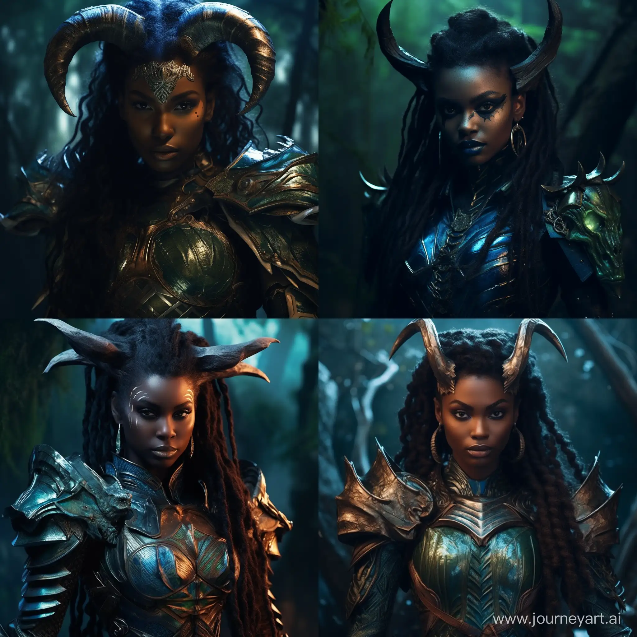 Woman, dark blue skin, small horns, heterochromia, right eye is green, left demonic eye is black and glowing blue, in armour