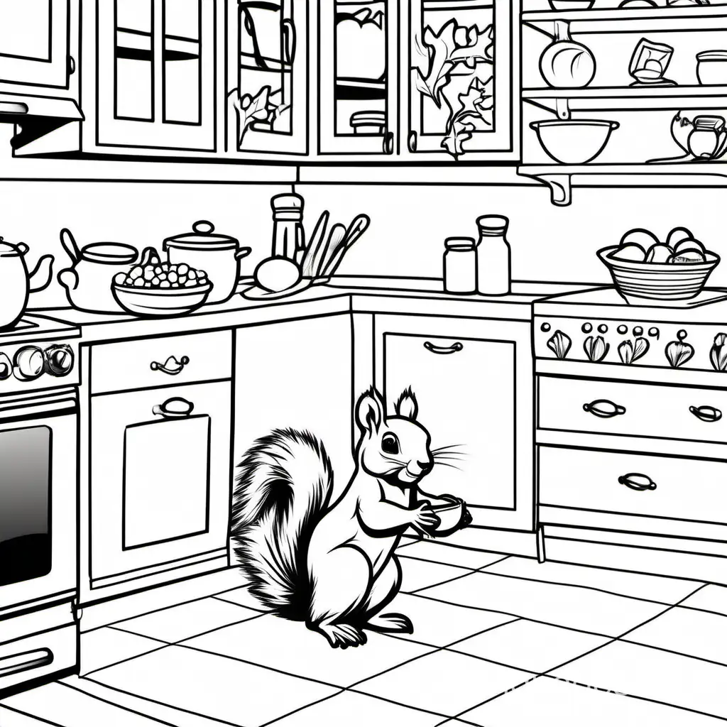 squirrel in kitchen, Coloring Page, black and white, line art, white background, Simplicity, Ample White Space. The background of the coloring page is plain white to make it easy for young children to color within the lines. The outlines of all the subjects are easy to distinguish, making it simple for kids to color without too much difficulty