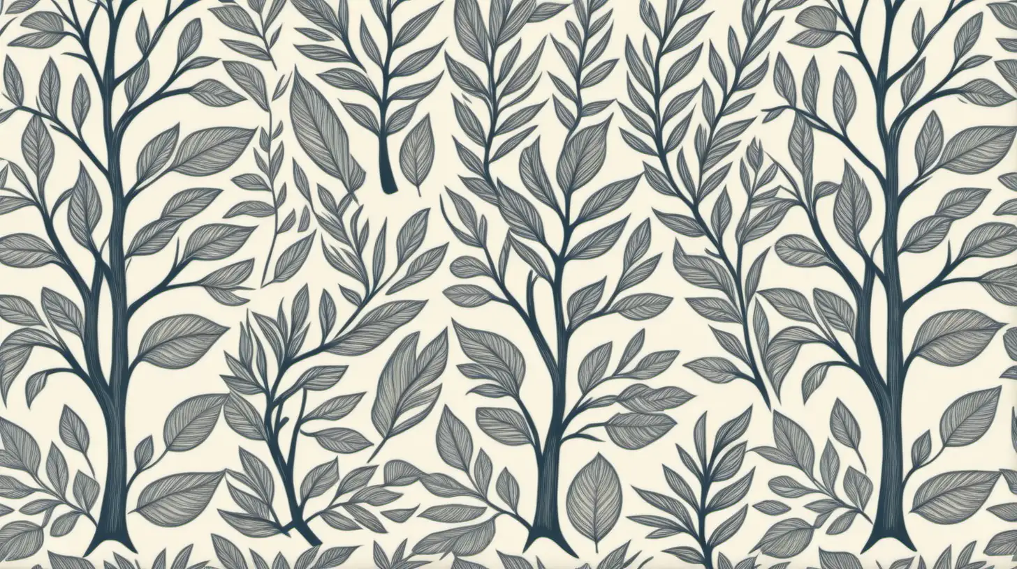 give me a seamless pattern with a bright white background of leaves and trees from the 1960's, vintage style, antiqued look cozy warm feeling,