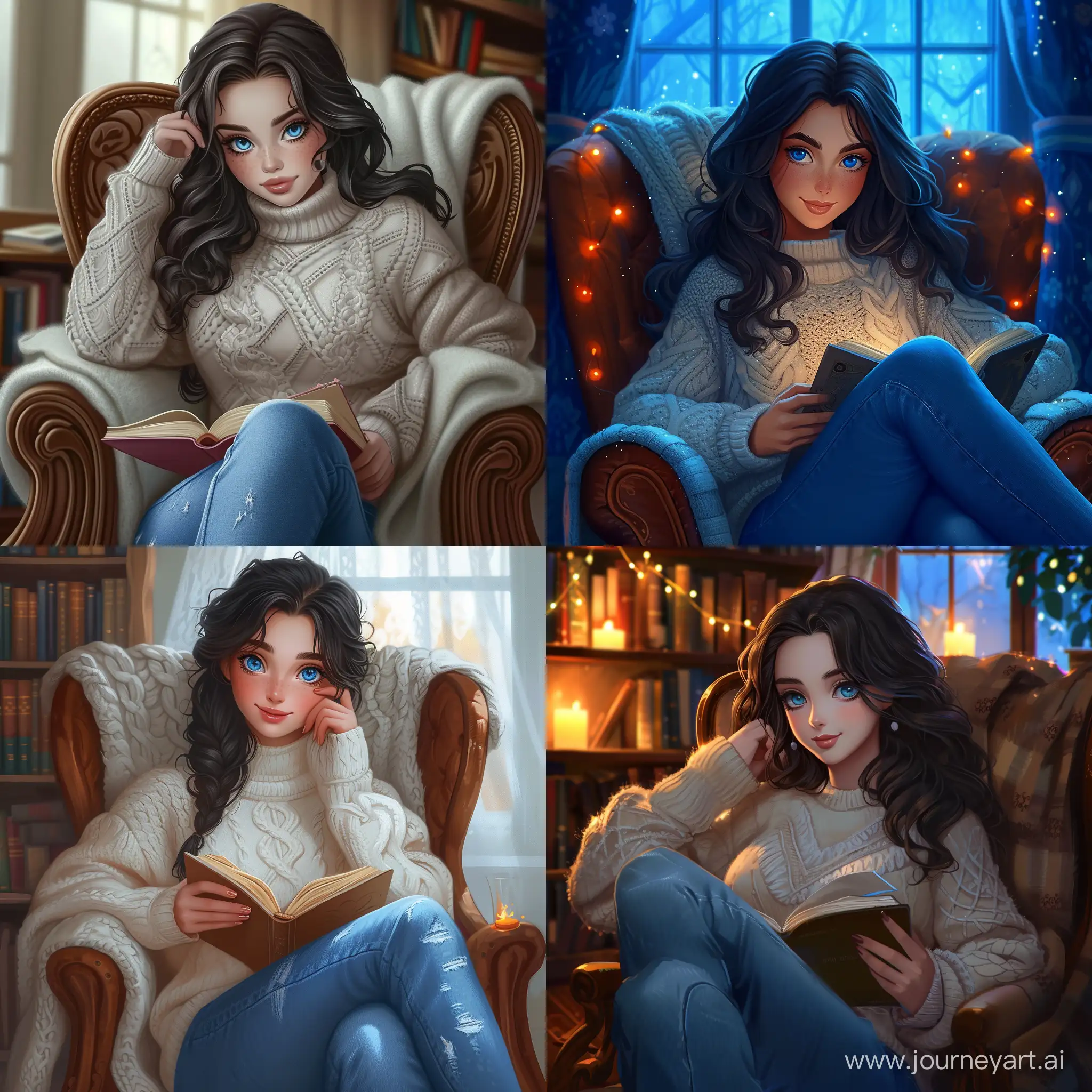 Beautiful girl, dark hair, blue eyes, snow-white skin, teenager, 16 years old, cozy atmosphere, sitting in an armchair with a book, in a sweater and jeans mom, high quality, high detail, cartoon art