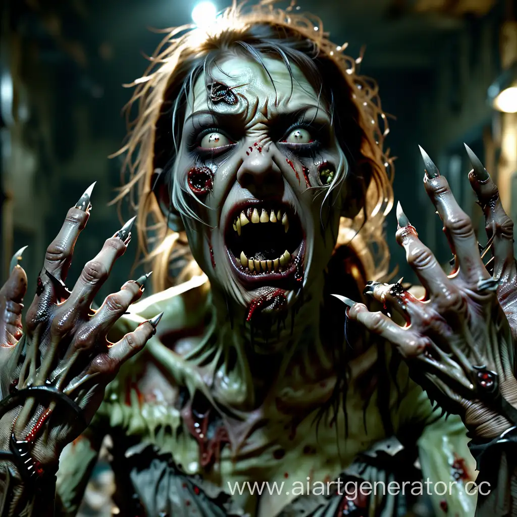 A horrifying nightmare scene of a zombie woman with long, curved pointed dirty nails protruding from her five fingers like menacing claws. Her skin is pale and rotting, and her eyes are a vacant, Her mouth is wide open, revealing a row of sharp, pointed teeth that resemble fangs. she dressed to torn closes,  she stand in aggressive pose, ready to attack, scene inside darkness basement, hyper-realism, cinematography, high detail, the smallest details, horror, fear.photorealistic photography of a zombie woman with no eyes and a tattered dress, in the style of realistic hyper - detail, playful character designs, 32k uhd, full anatomical. human hands, very clear without flaws with five fingers
