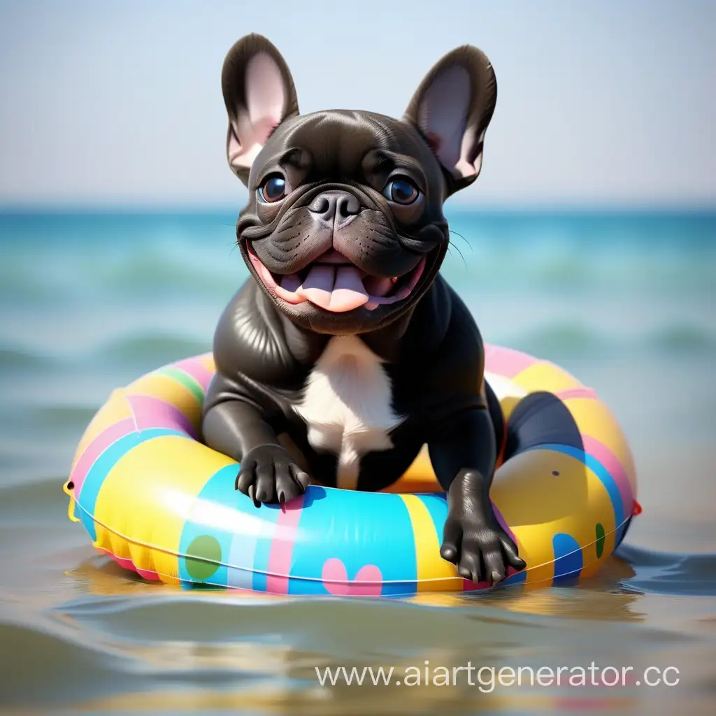 Joyful-Black-French-Bulldog-Swimming-in-Sea-with-Inflatable-Ring