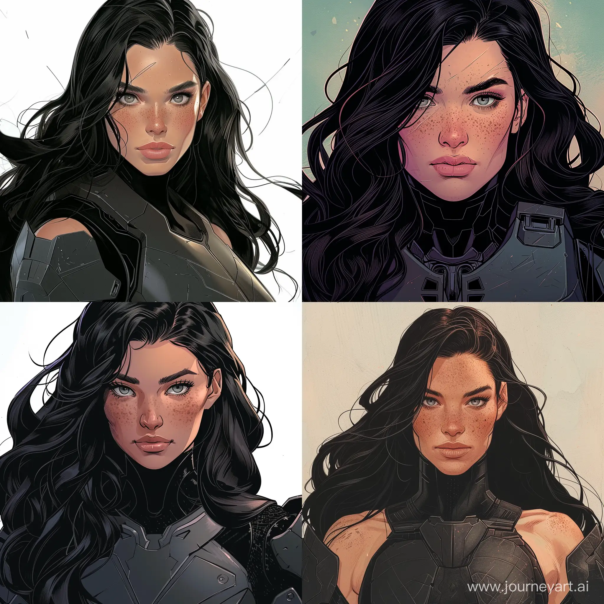in the world of halo, a woman in her thirties, brunette with a light tan, freckles on her cheeks, long wavy black hair, a lock of hair in front of her right eye, gray eyes clear, she has an intense look, she looks forward, she has the body of a top model, she wears black armor, comics style