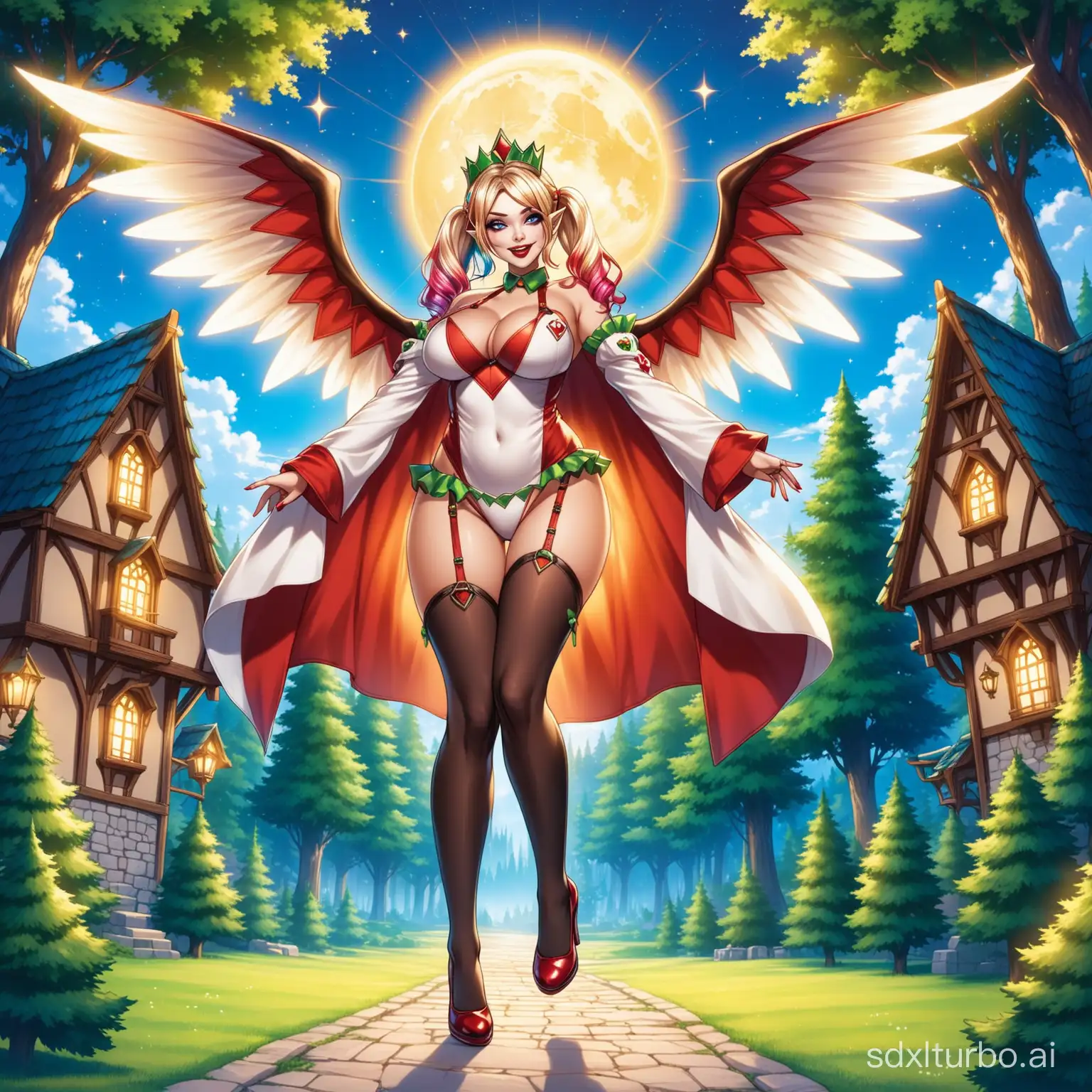 Busty gyaru elf Harley Quinn comes out of a portal to another world putting her right leg forward,white magic robe,deep neckline, underboob,stockings with garters,shoes with wings,a shining tiara,around the elven kingdom,behind are houses on tall trees,sunny sky,there are two suns and two moons in the sky,style raw,real photograph,perfect body,prfessional shot,different angle.
