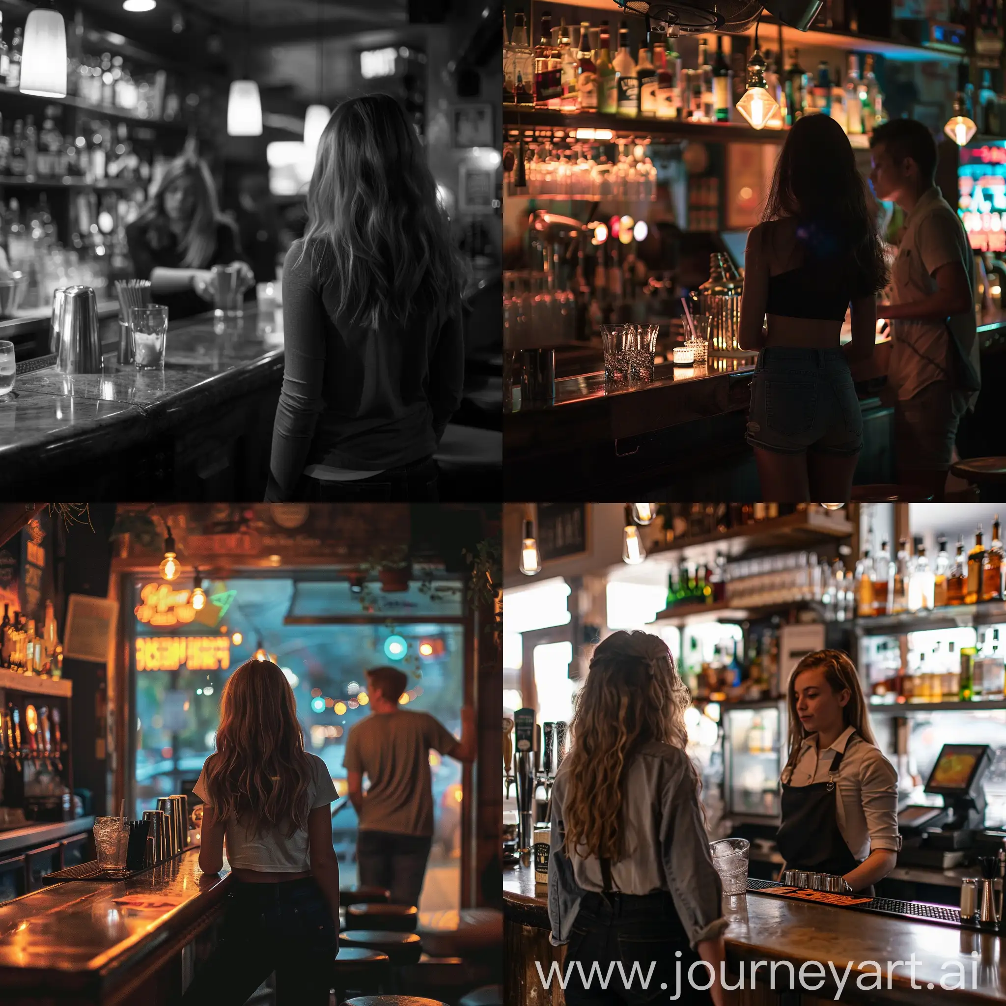 phone poto of a girl standing at the bar. she is facing towards the bartender.