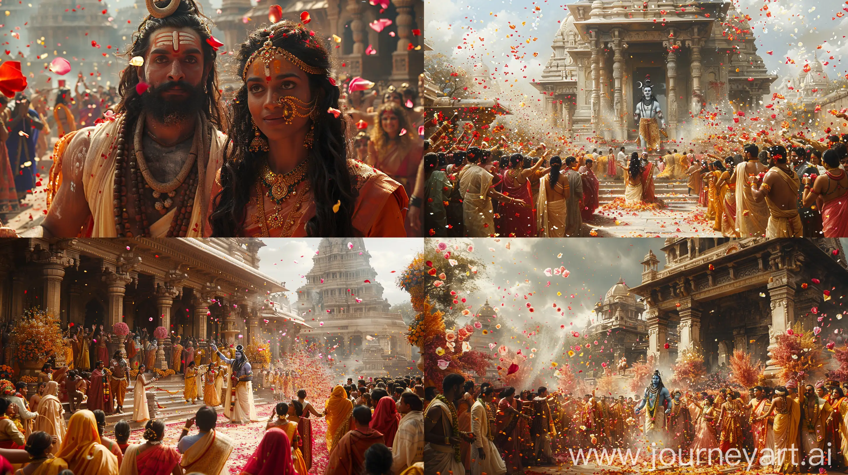Lavish wedding ceremony of Hindu gods Lord Shiva and Goddess Parvati, celebrated during Maha Shivaratri, crowds of devotees tossing myriad rose petals and fragrant flowers from above, auspicious, vivid colors, intricate traditional Indian attire, ornate gold jewelry, grand temple backdrop, ancient mythological essence captured in a grandiose Rajasthani miniature painting style, detailed festive atmosphere --aspect 16:9 --stylize 750 --chaos 15 --v 6
