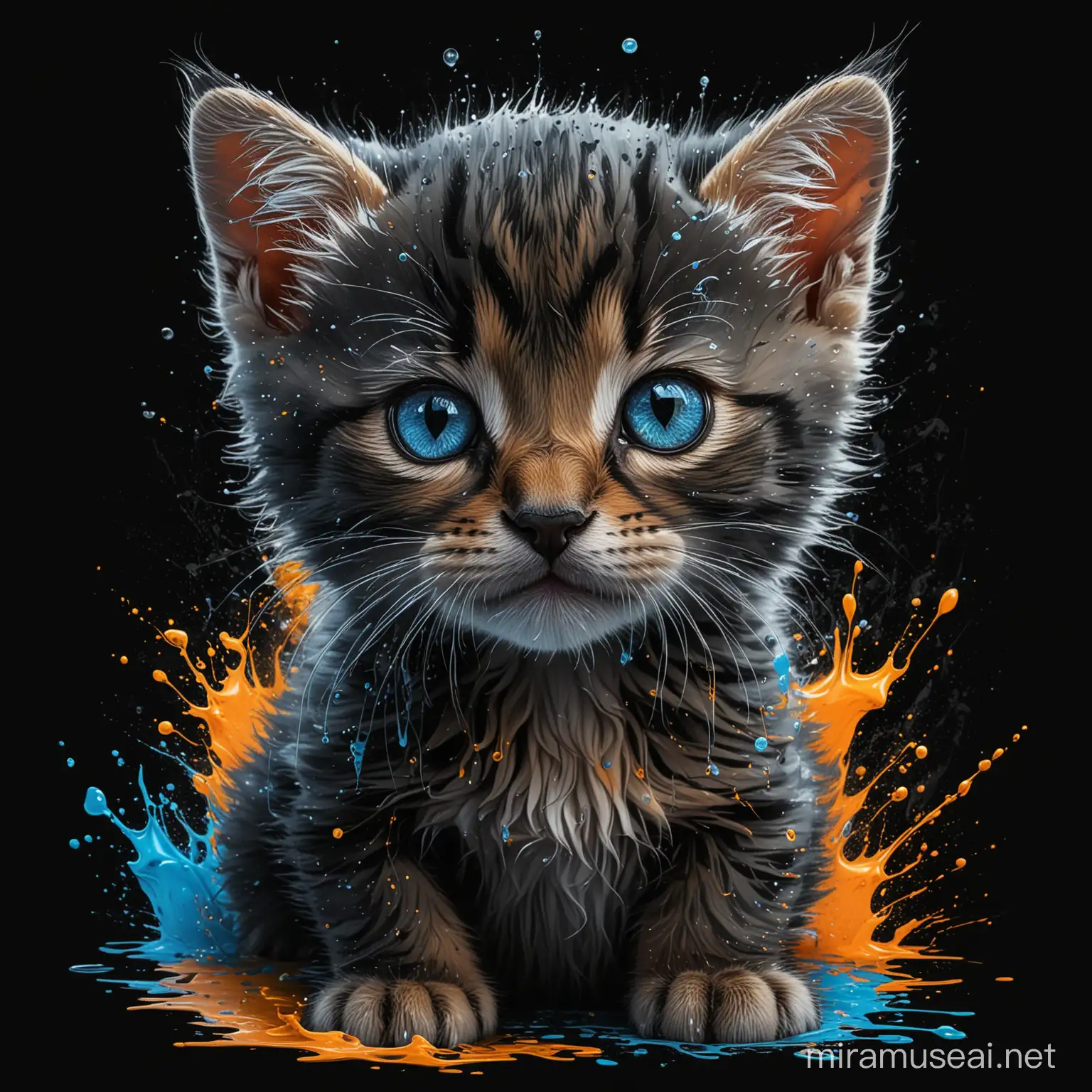 Adorable Kitten with Hyperdetailed Features in a Color Splash TeeShirt Design