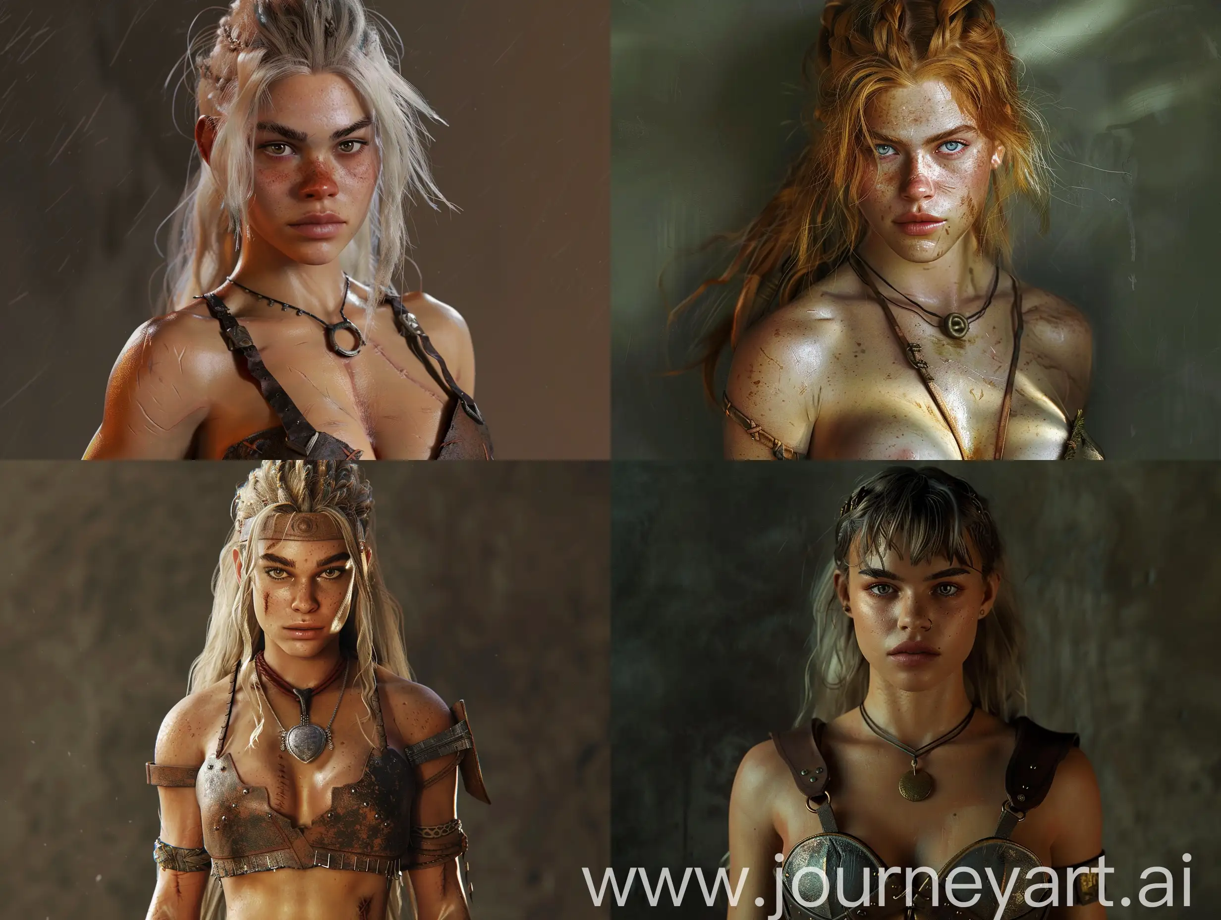 female barbarian with body like Brooke Ence and Paige VanZant and Julie Foucher and Katrin Tanja Davidsdottir and Elle Fanning and Keri Russell and Cara Delevingne and Teresa Palmer, small breasts, sun-bleached hair, comely heart-shaped face, deep eyes, button nose, defined jawline, textured skin, SSS, high dynamic range, exposure blending, realistic shadows 