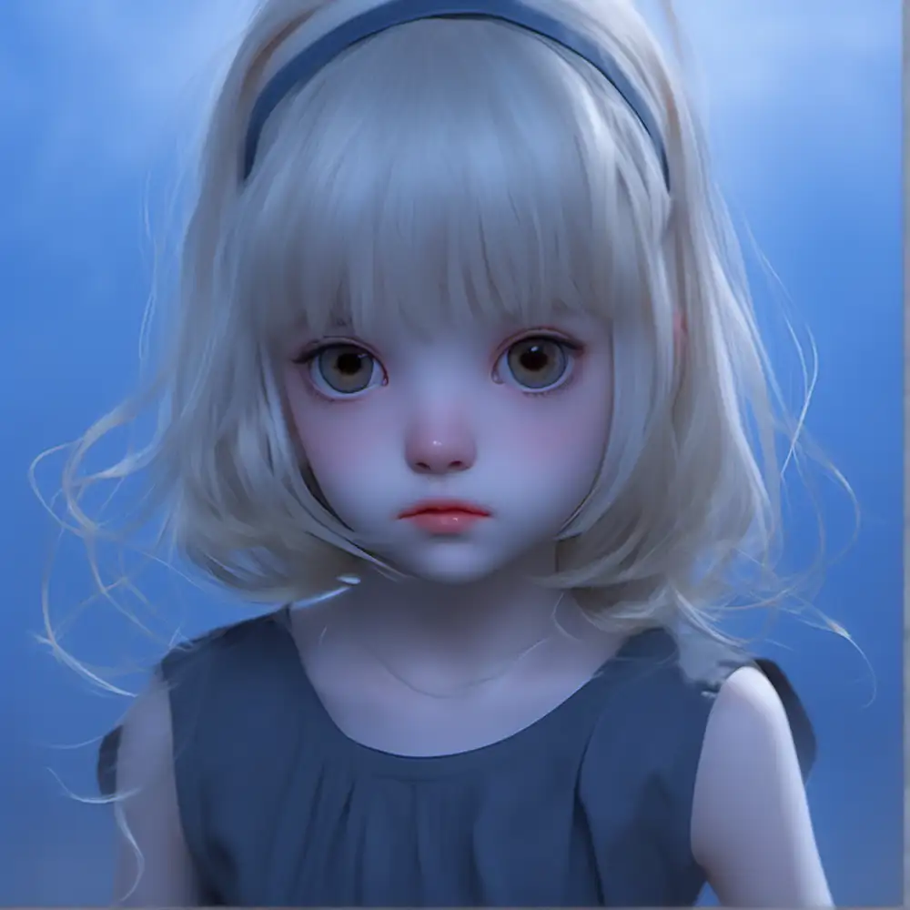 as real female human girl, blind complete white eyes without pupils, straight cut bangs with shoulder-length thick blonde hair, headband, wearing a flowing dress with loose bell sleeves, equal as on image, hyper-realistic, photo-realistic