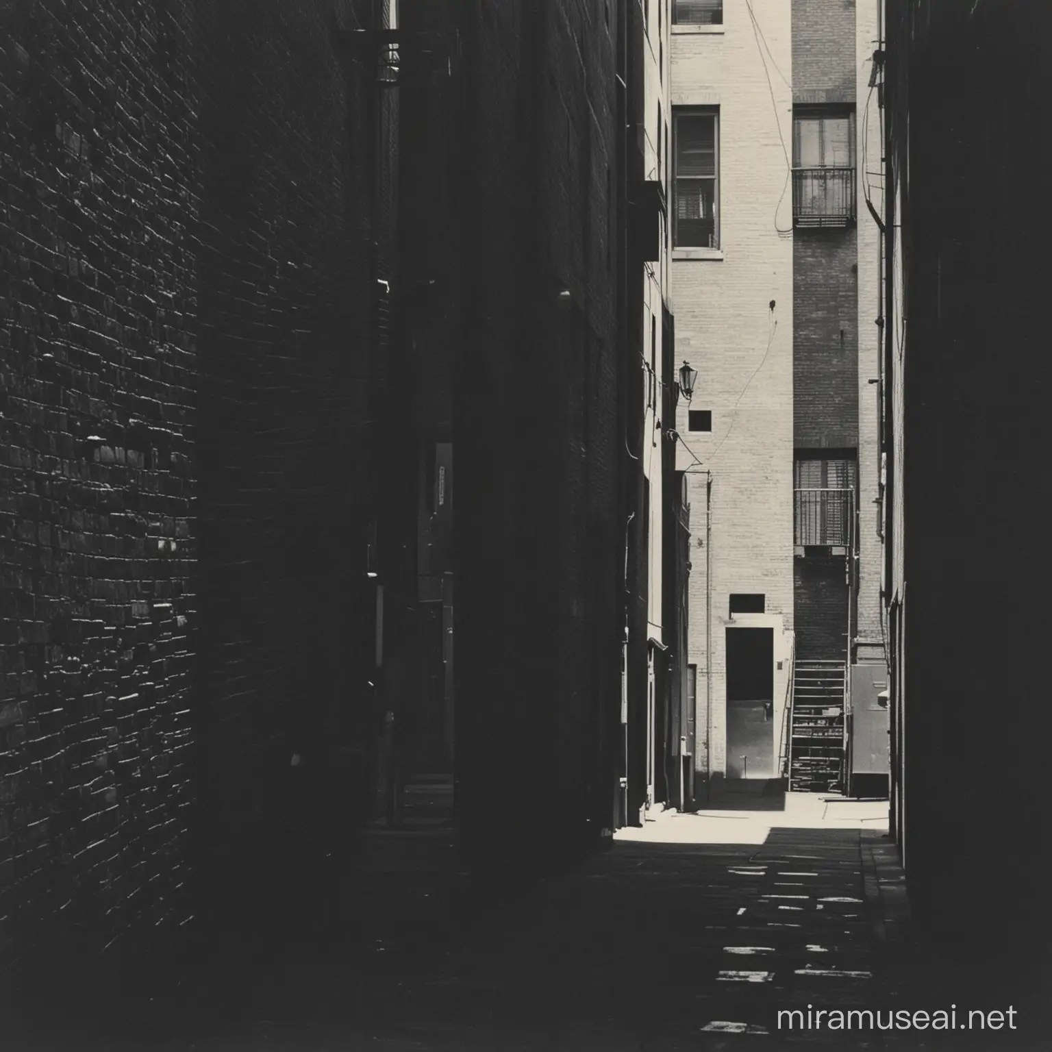 Dark alleyway casting shadow on a building, 1980's synthpop