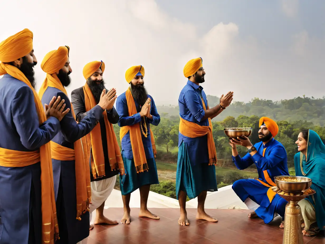 5 Sikhs taking the Amrit from the Guru. Using the iro bowl held by his wife.