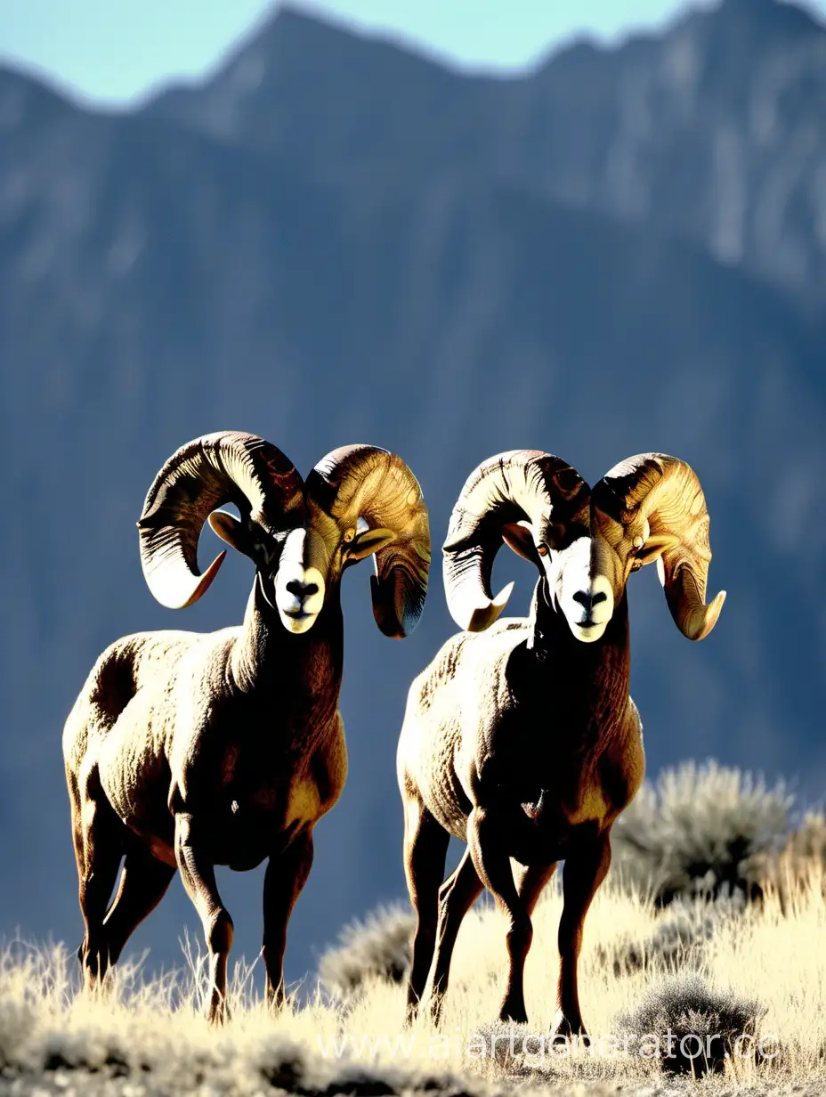 2 bighorn rams,  hitting horns together head-on, mountains in background, color photo
