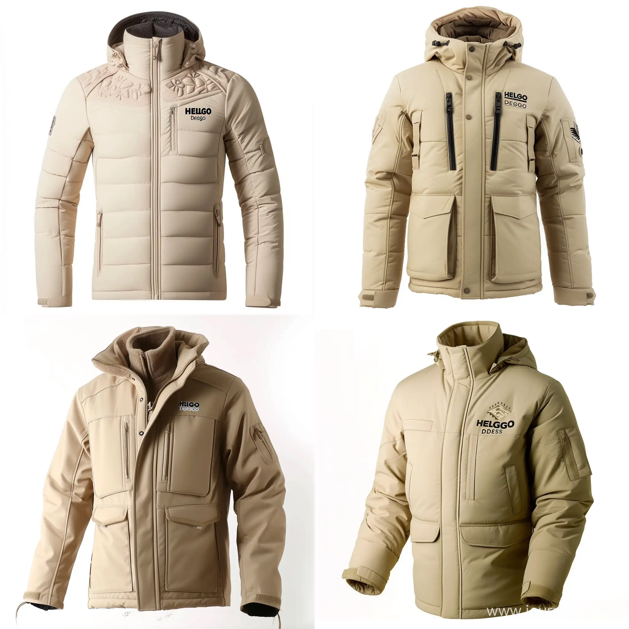 Make a beige winter jacket with a logo that says "Helgo Design", show the whole jacket

