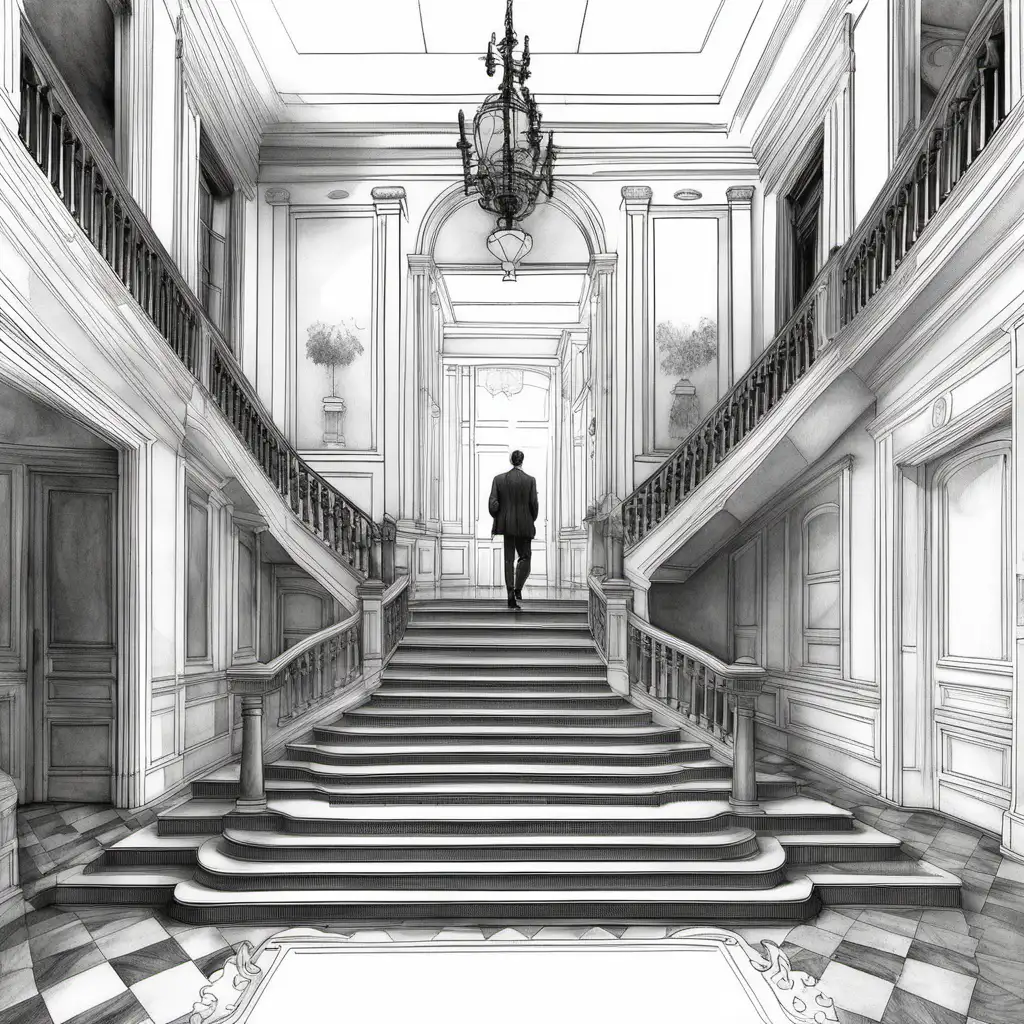 black and white DRAWING of main staircase in large house in white with a single man walking up the stairs and dressed in white with a white background for coloring