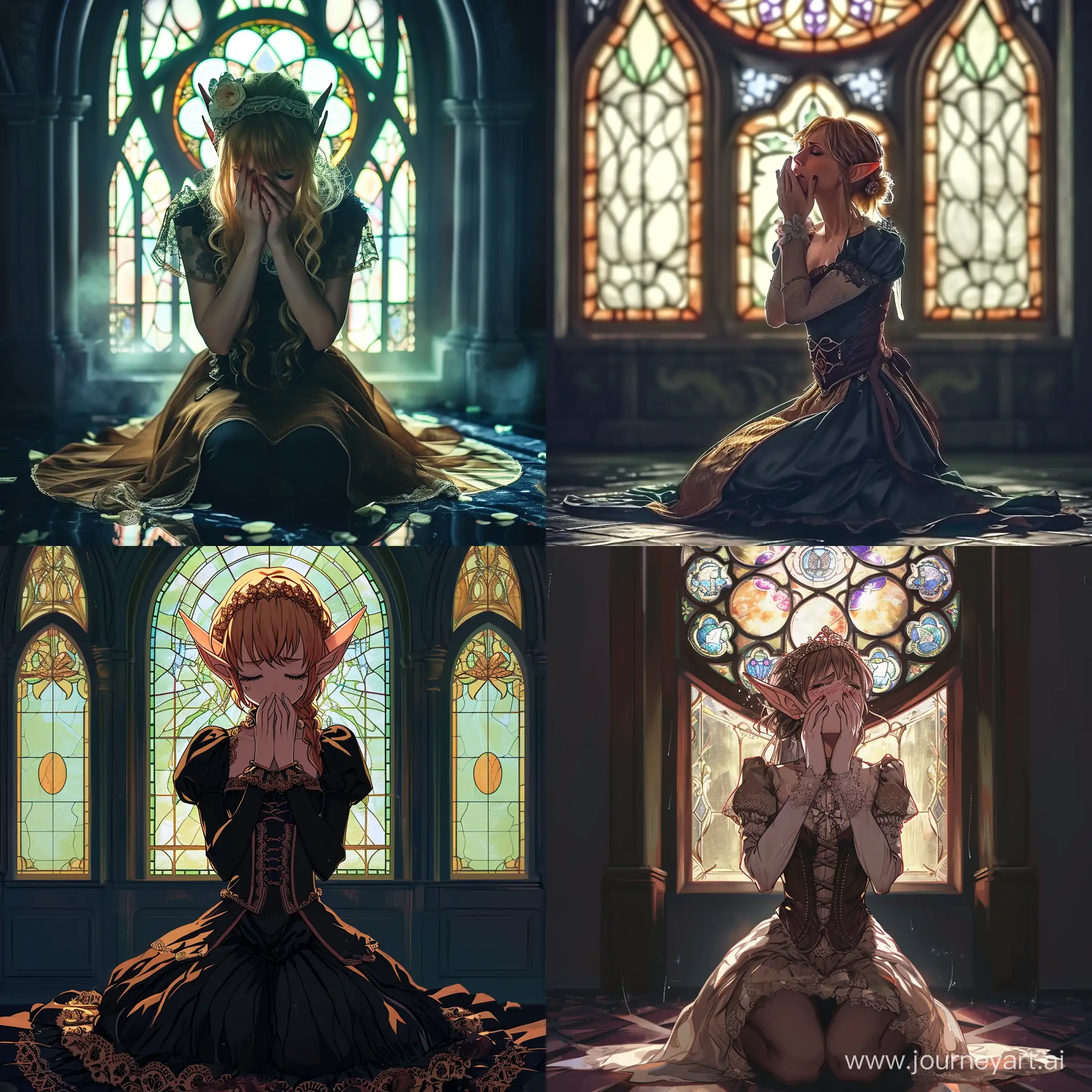 Victorian-Anime-Elf-Princess-in-Tearful-Repose-by-Stained-Glass-Window