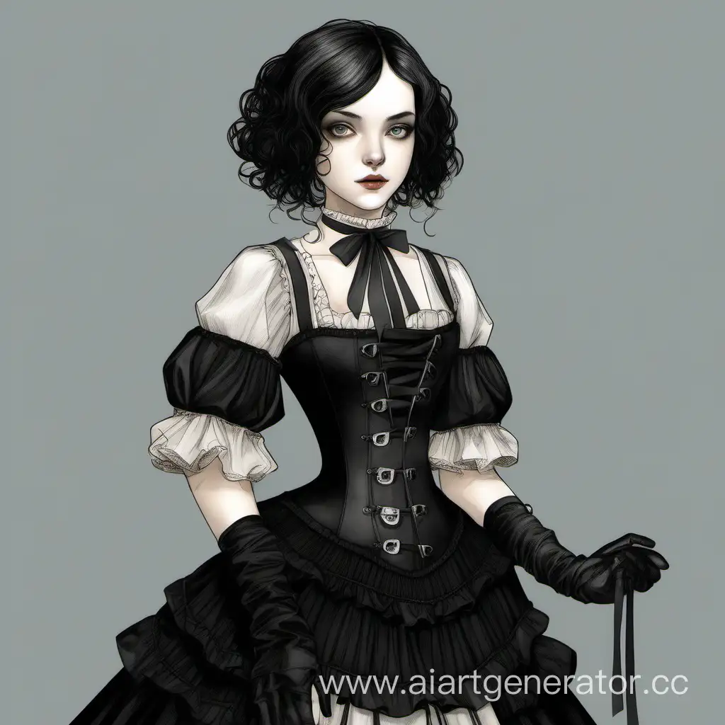 Elegant-Gothic-Girl-with-White-Ribbon-Accents-in-Black-Dress