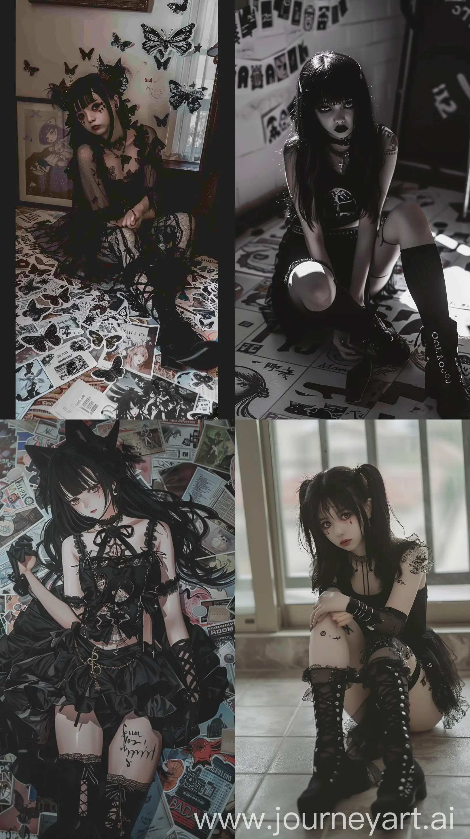 goth girl anime stickers on the floor --ar 9:16