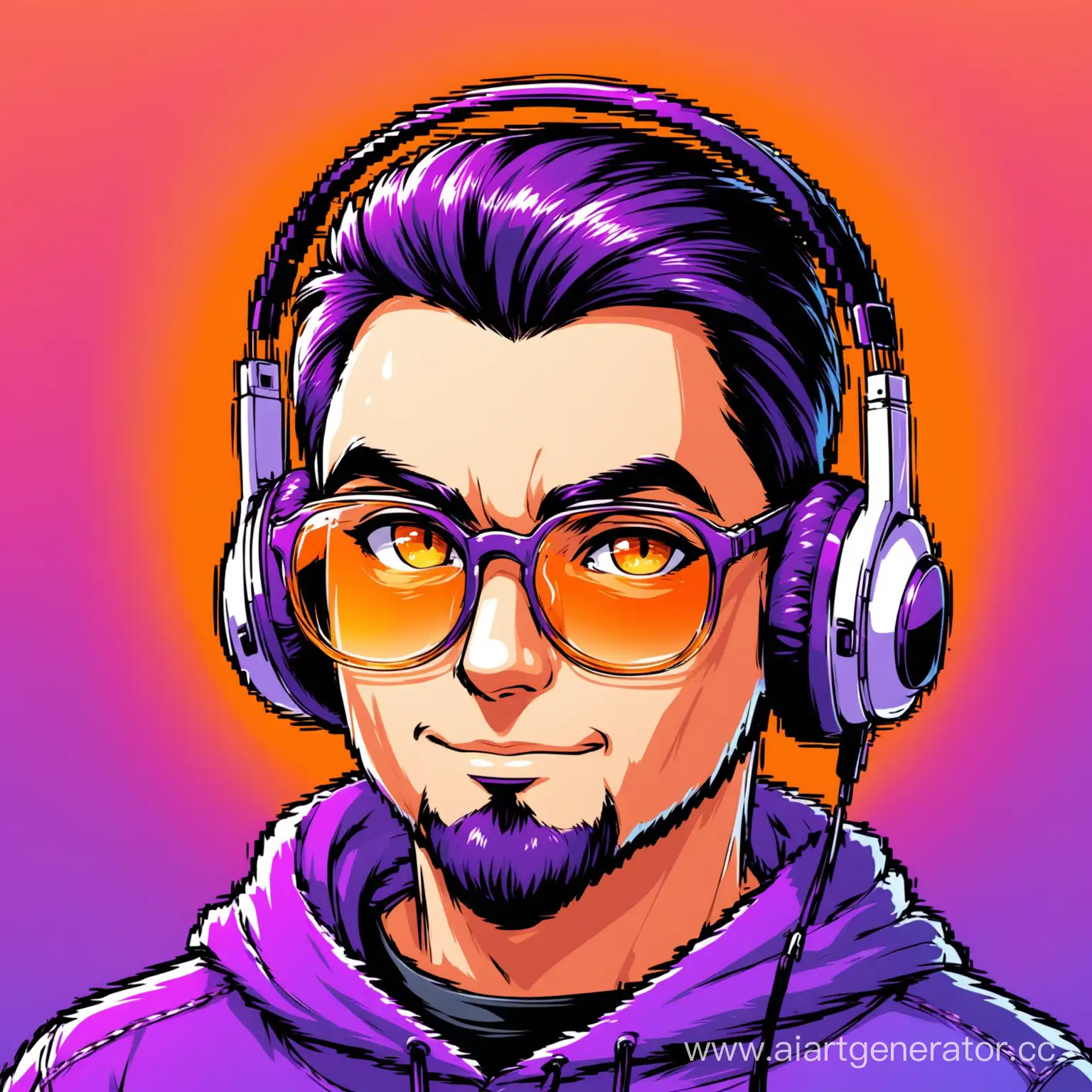 gENERATE PLEASE MAN PICTURE IN THE CARTOON STYLE IN THE HEADPHONES AND IN THE GLASSES IN THE PURPLE-ORANGE GRADIENT
