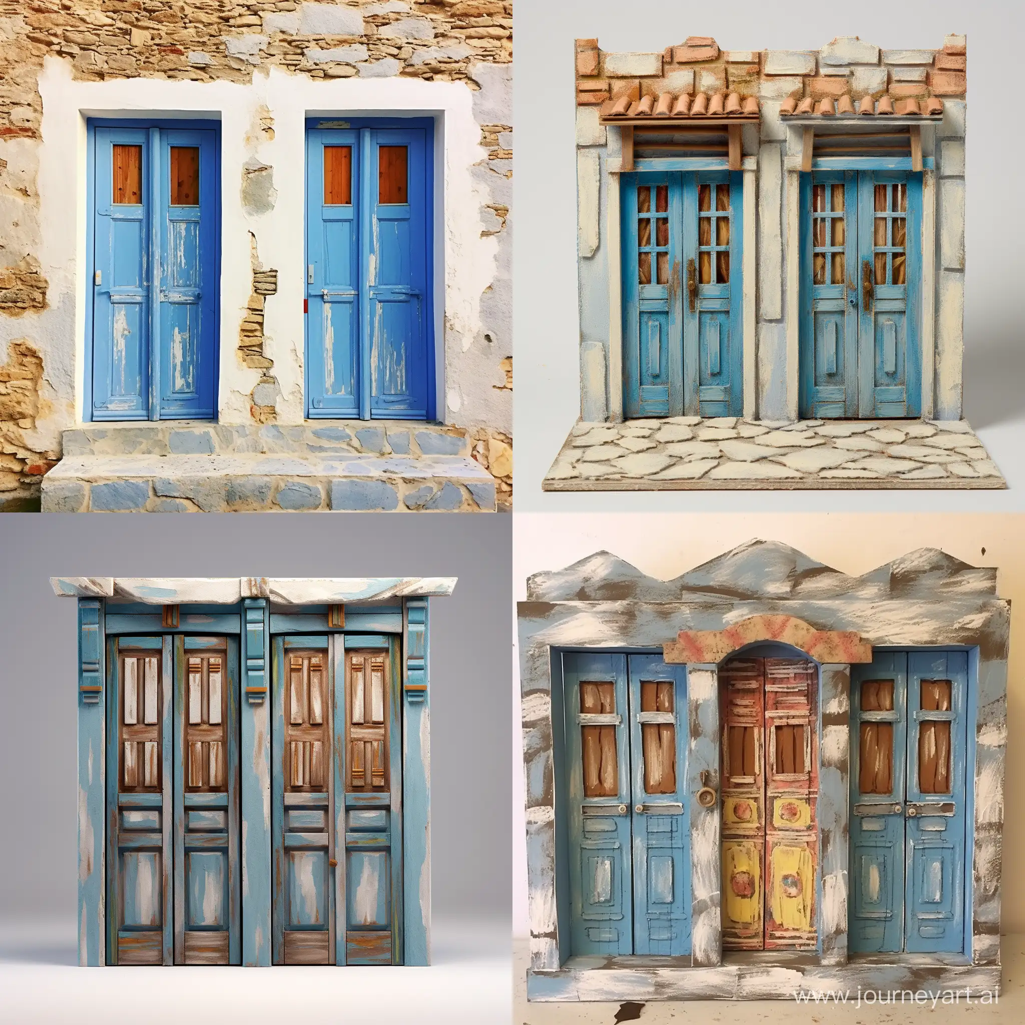 Double door made from small wood pieces that go from left to right painted light blue(greece colors) is is made from wood planks 2 cm wide each that go from left to right. Air can come through the door. The door is closed and you look from the front view. Around the doors is a wood frame that is not painted. You only see the doors nothing else they look more like they are for a clothing closet. They do not look old but not brand new they are clean