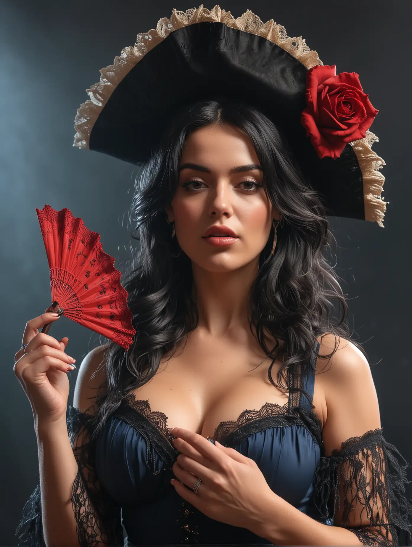 Sultry Flamenco Dancer in Black Lace Dress with Pirate Hat and Blue Fan