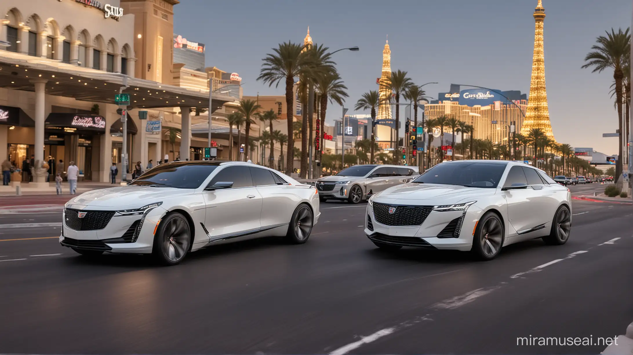 Create an image of 3 luxury cars driving down the strip in Las Vegas. The cars are being led by a Cadillac LYRIQ.