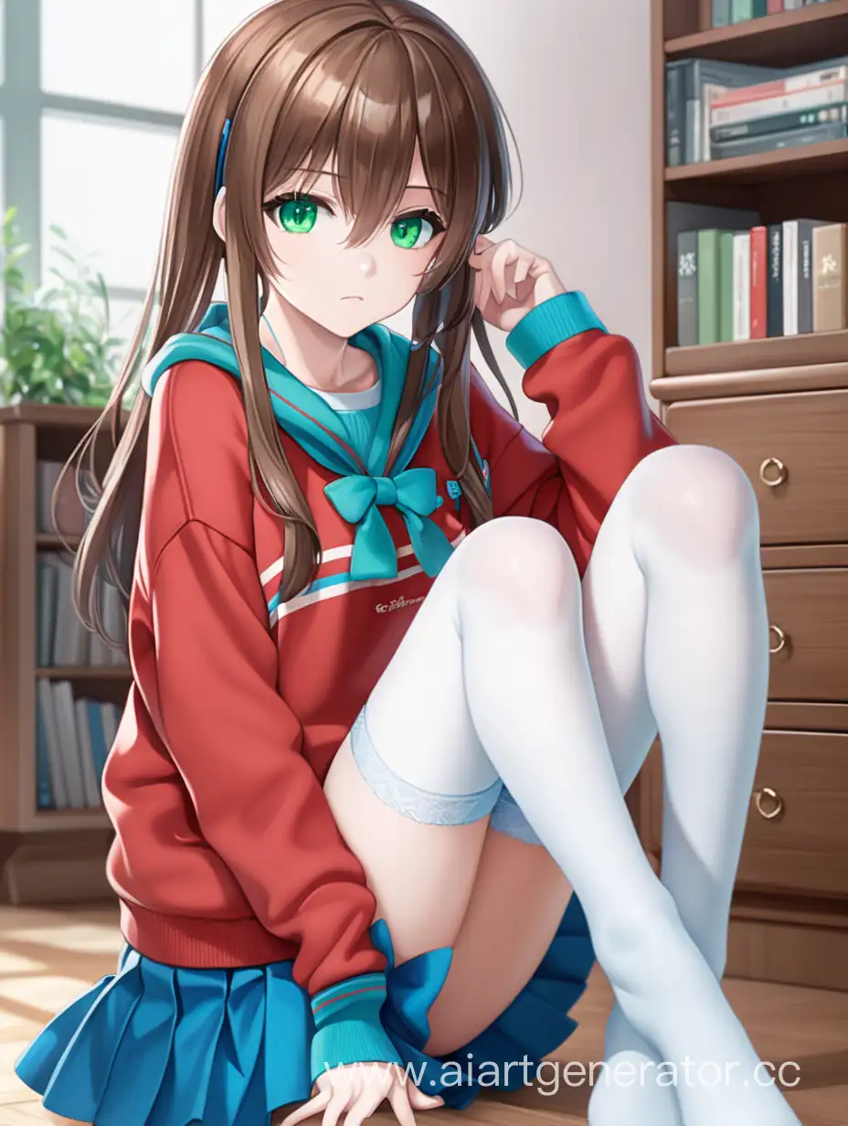 Anime-Girl-with-Brown-Hair-and-Green-Eyes-Wearing-Red-Sweater-and-Blue-Skirt