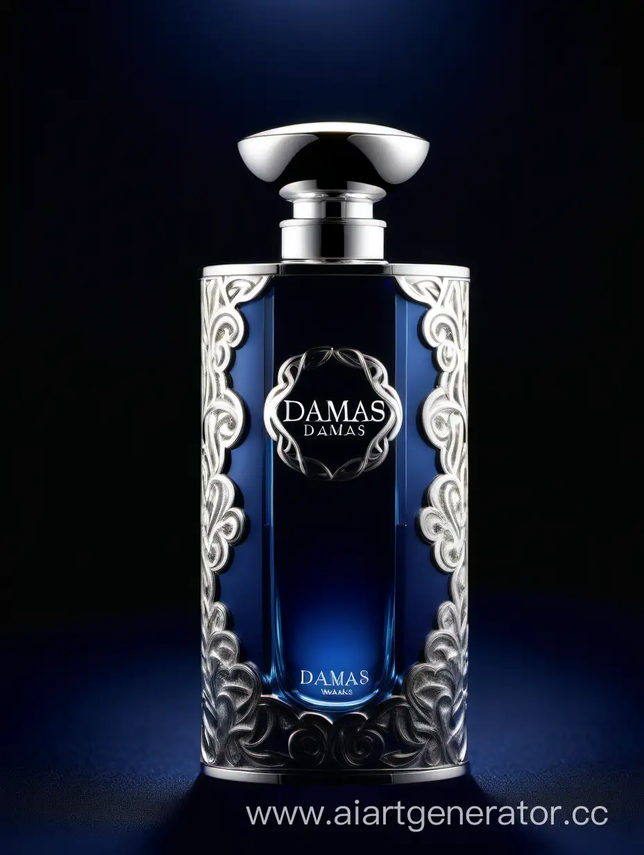 Elegant-Silver-and-Dark-Matt-Blue-Perfume-with-3D-Details-on-Black-Background