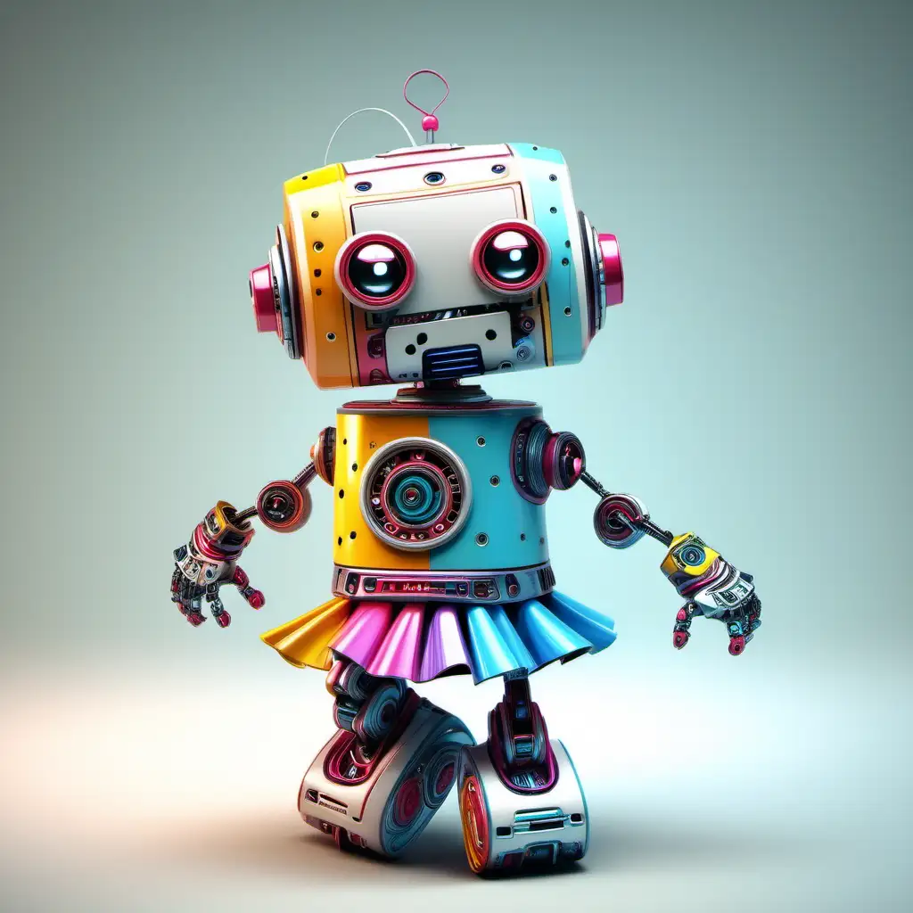 mala  robot mini, pleše u kratkoj šarenoj suknjici