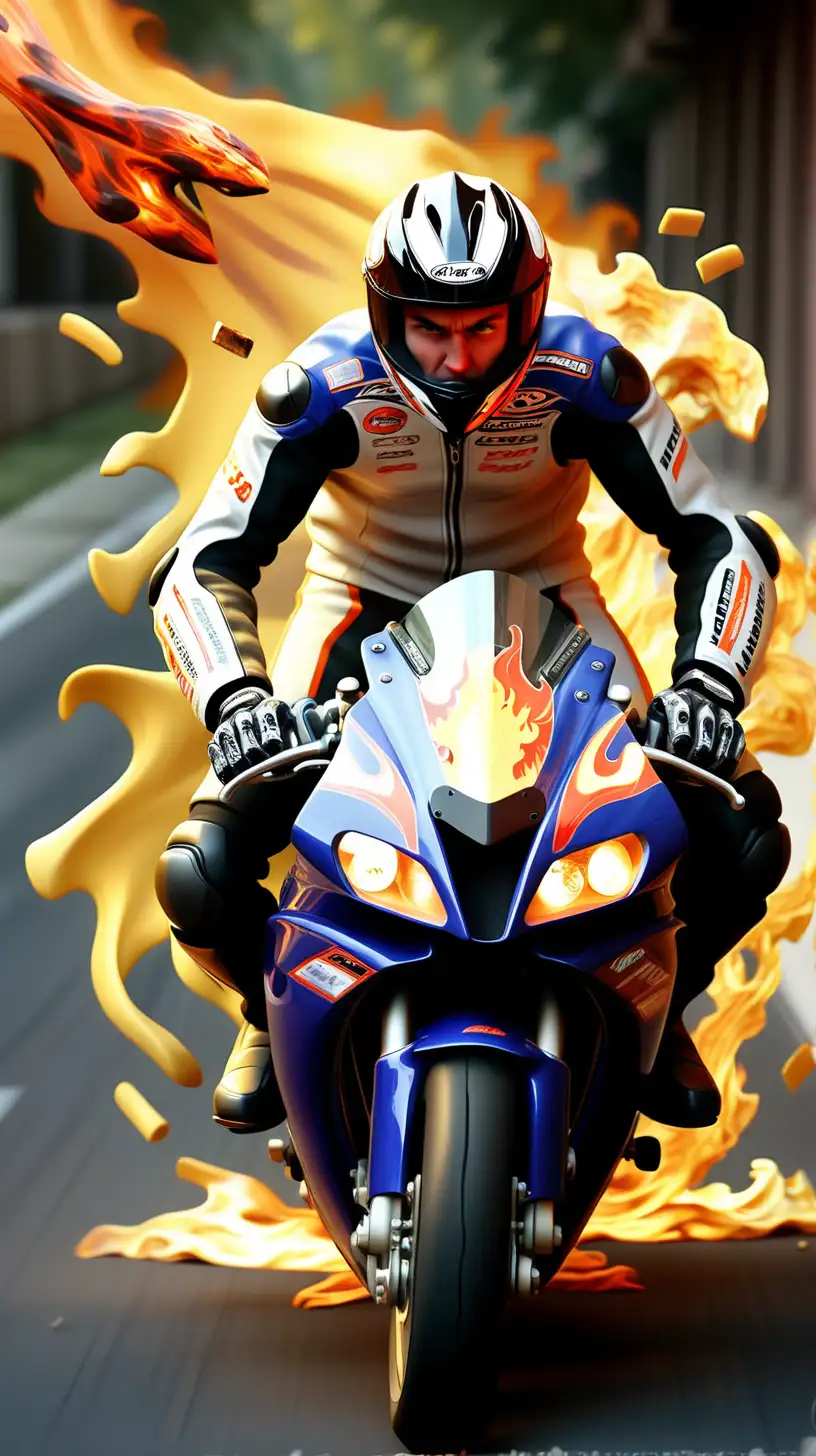 /imagine A very realistic portrait of a sportbike rider racing, facing forward, pieces of rider and bike falling apart with flames in the pieces falling off of the rider and bike