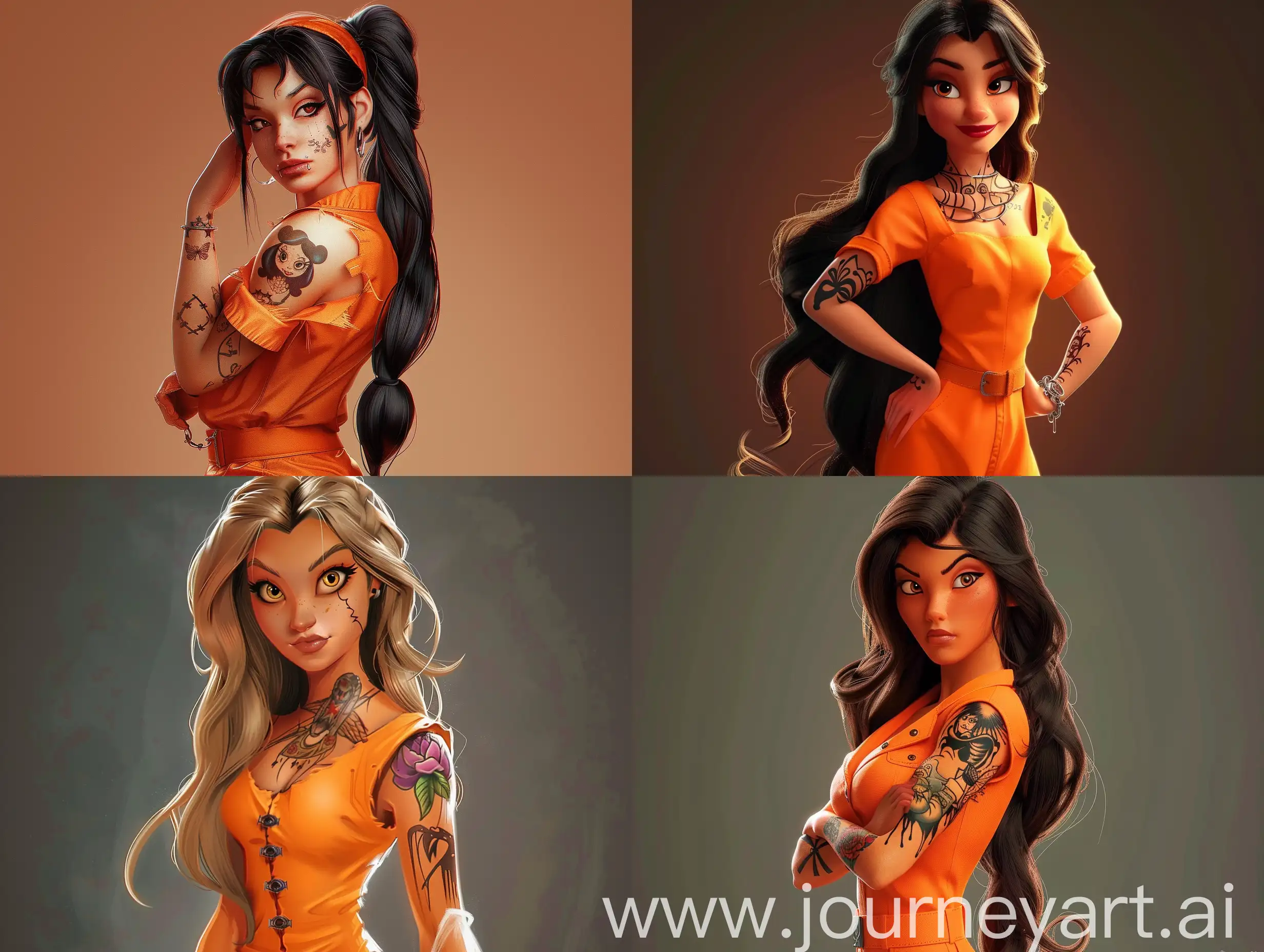 Disney princess in orange prison uniform, tattoo, evil look