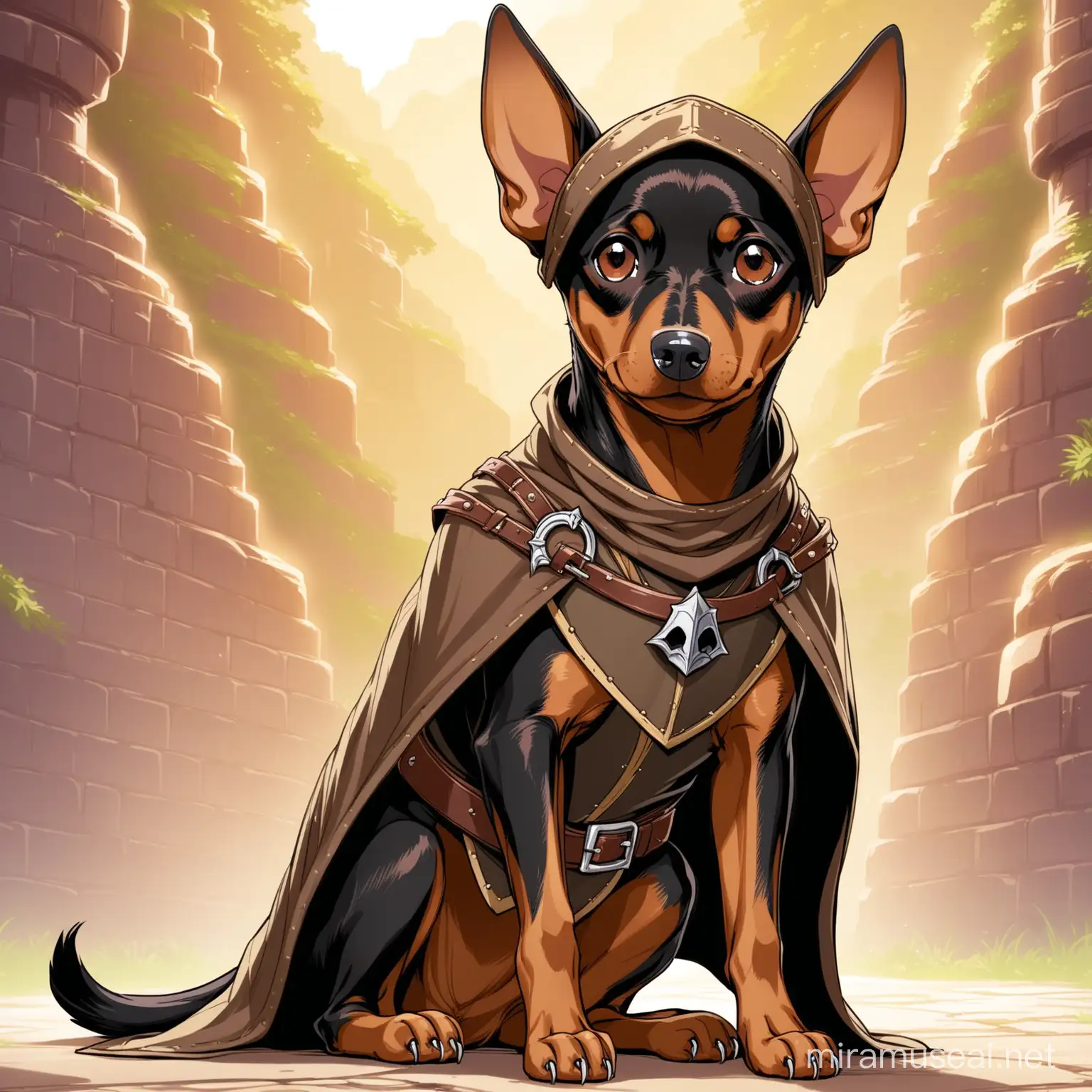 brown pinscher dog dressed a a dnd rogue