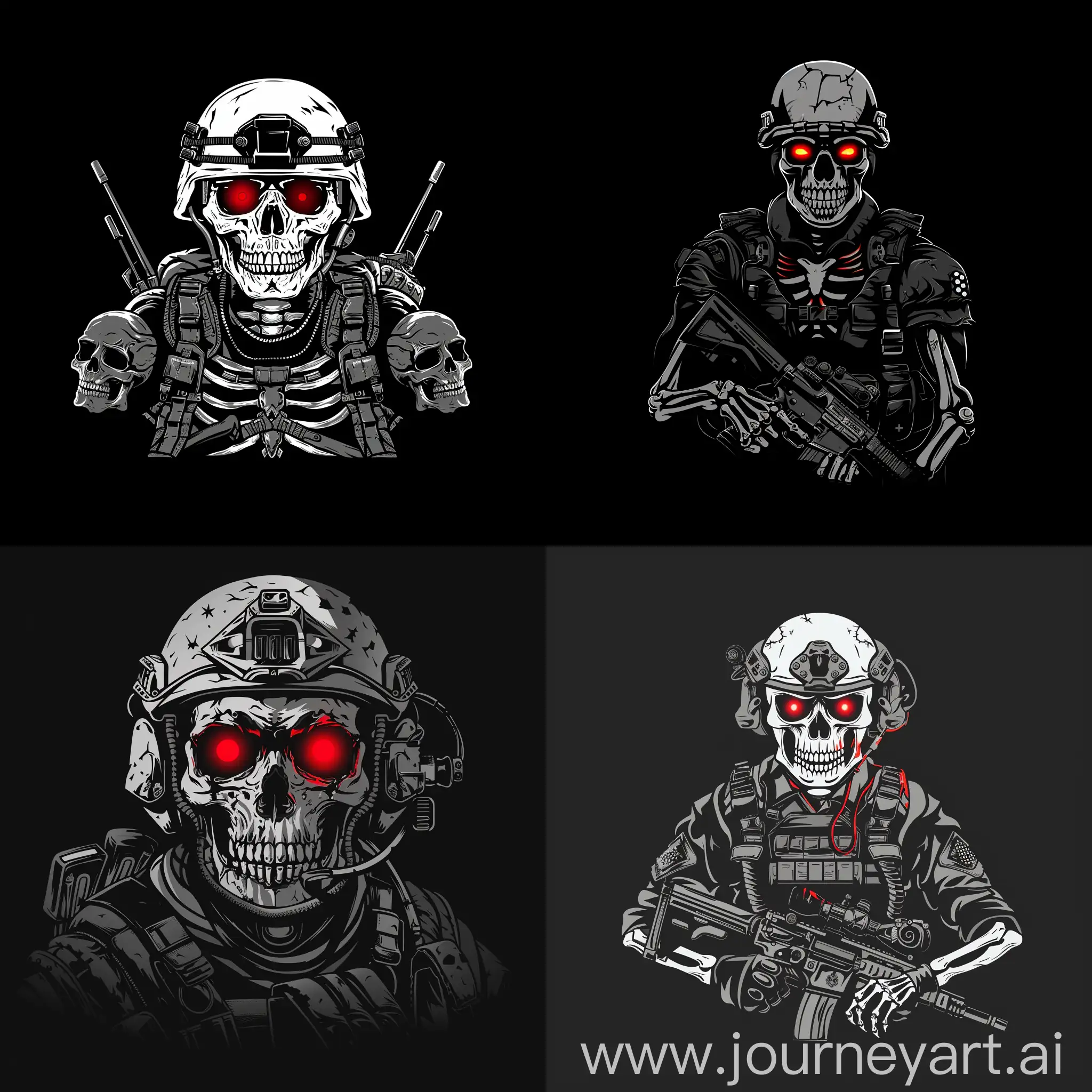5 undead soldier look like a skeleton with modern military equipment, logo, minimalism, glowing red eyes, skulls, black and white, black background
