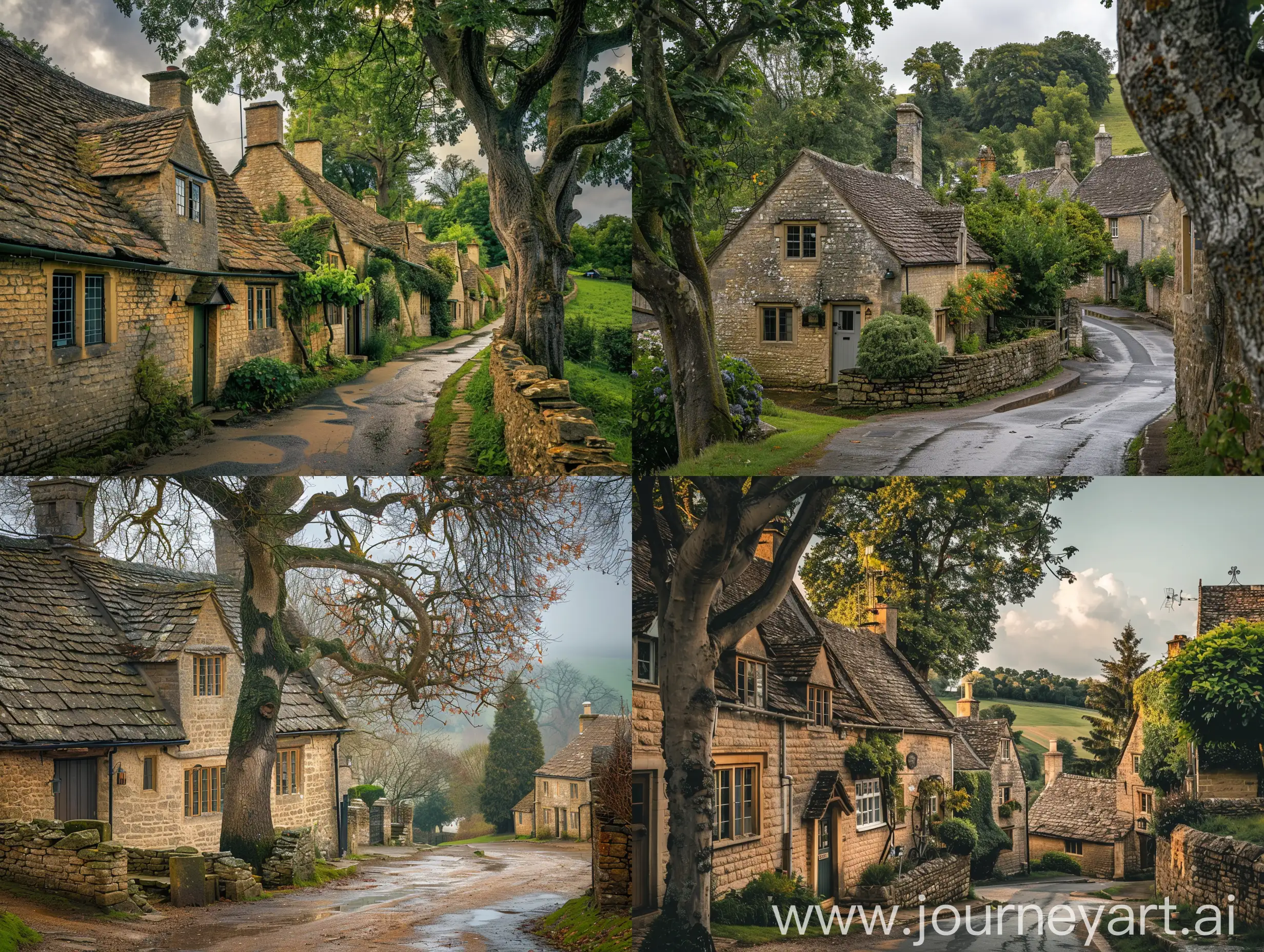stone house in an English village, tree, picturesque landscape, photo, best quality, 4k, cinematic lighting
