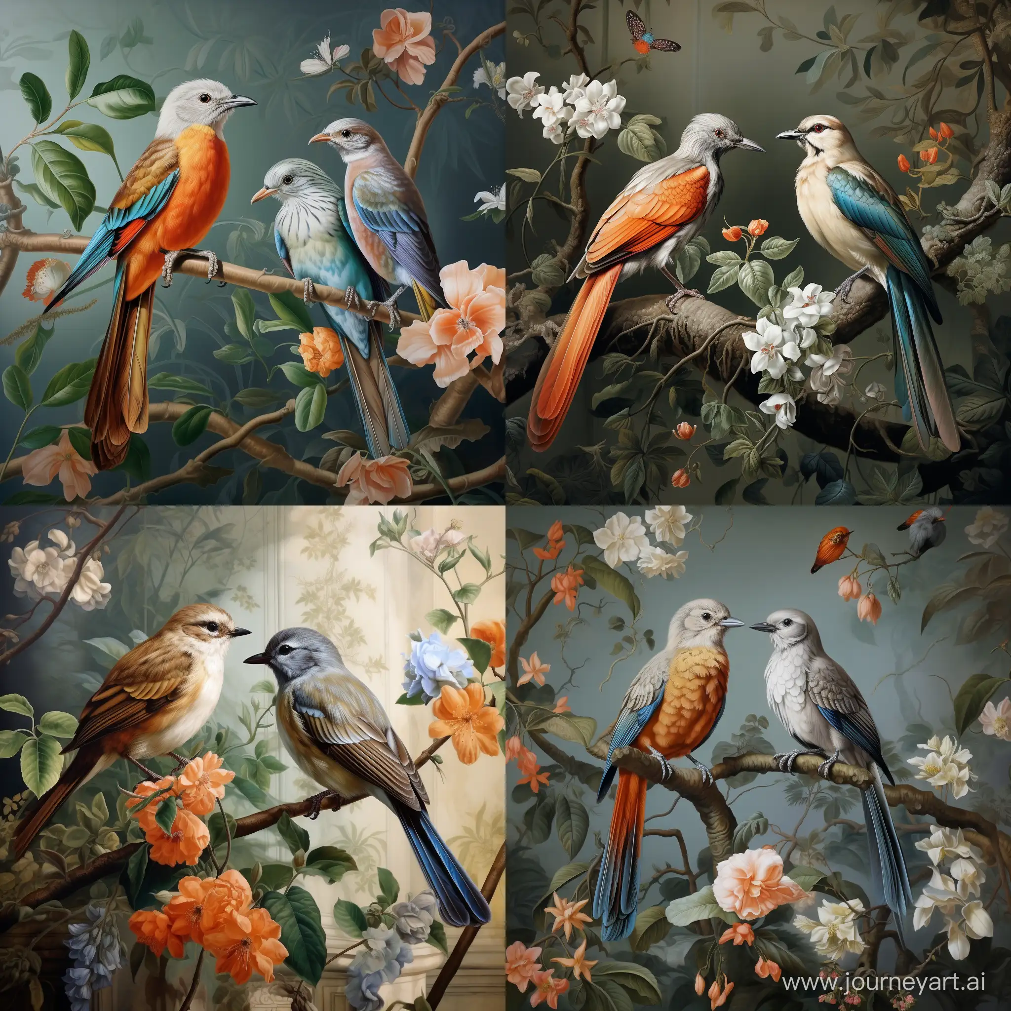 2 birds sitting on a branch with a flower, green leaves and flowers, in the style of meticulous realism, light brown and azure, influenced by ancient chinese art, spectacular backdrops, light silver and orange, detailed hunting scenes, harmony with nature