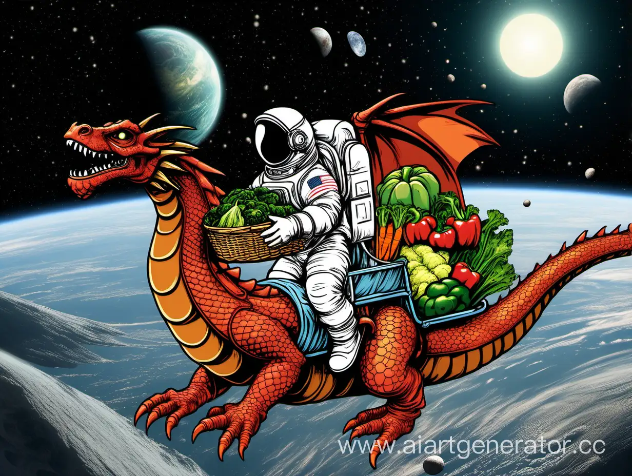 an astronaut riding a dragon, holding a basket of vegetables