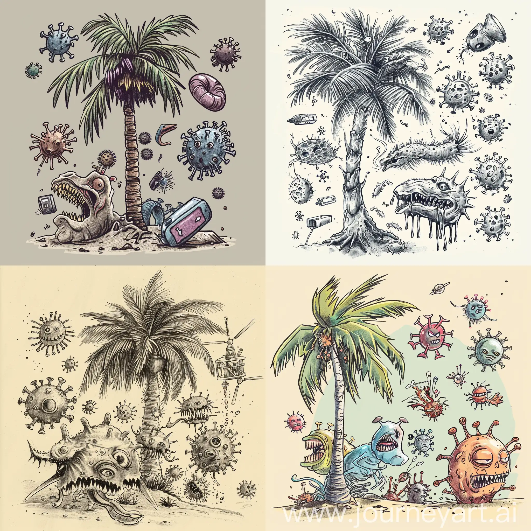 Whimsical-Fusion-of-Viruses-Animals-and-Devices-under-a-Tranquil-Palm-Tree
