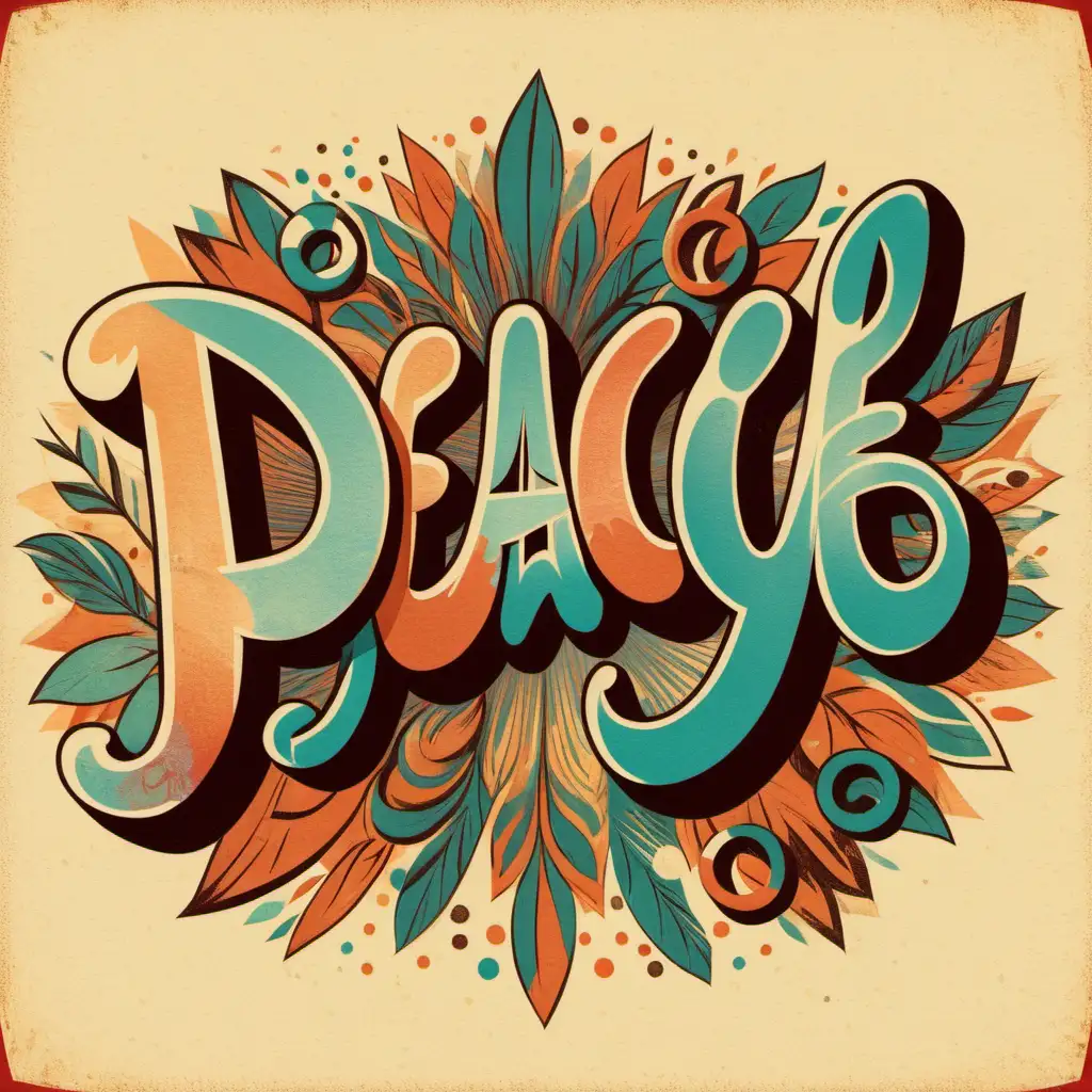 vintage retro-inspired,word, peace script,using colors and fonts reminiscent of past decades