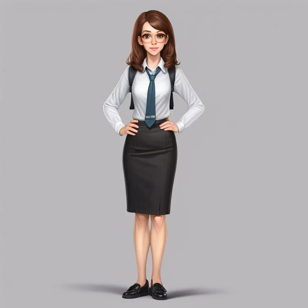  white skin female school teacher with big brown eyes reddish brown hair with black shoes full body length 