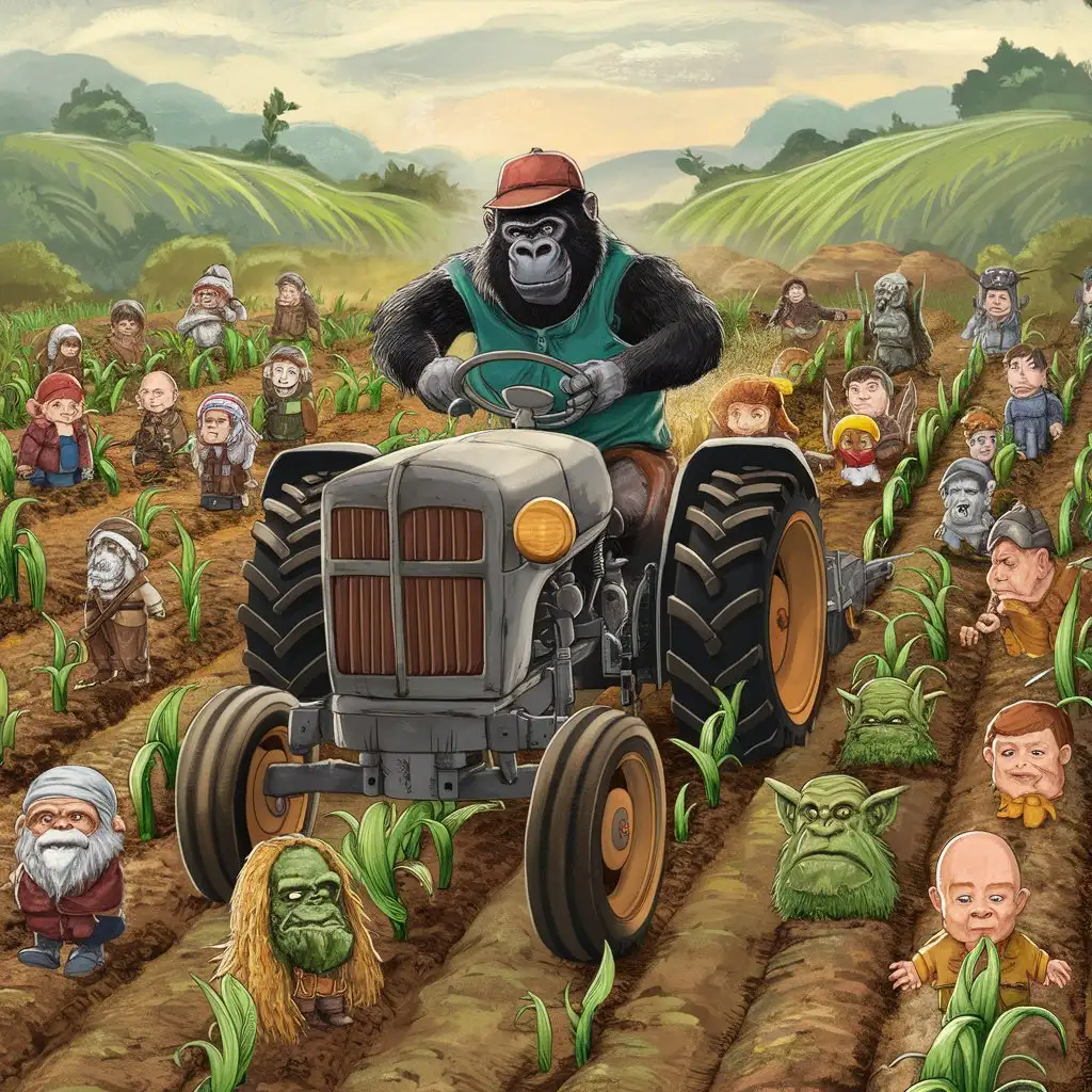 based on the farmer on his tractor farming crop gif:
the farmer has a gorilla head and the crop collected are troops with heads of dwarves, orcs, uruk-hai, evil men and men characters from lord of the rings