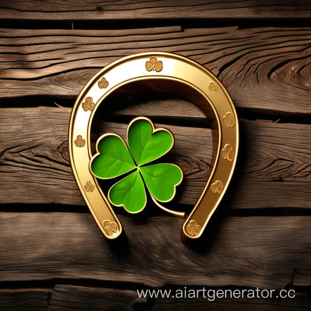 A golden shiny horseshoe with a clover leaf on the background of a cut of old dark brown wood.