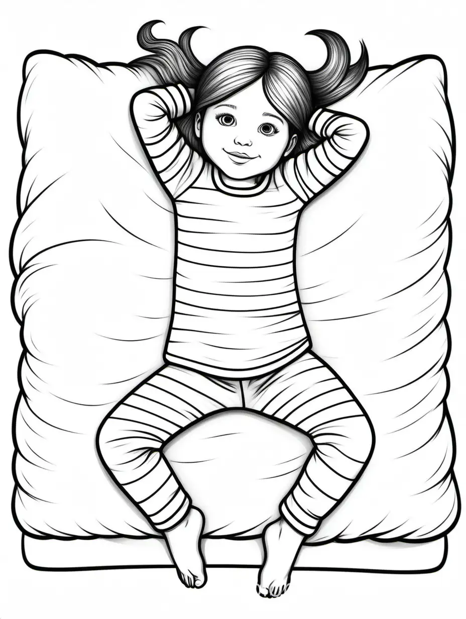 TWEEEN GIRL IN PAJAMAS LAYING ON HER STOMACH WITH HER HEAD AN LEGS UP AERIAL SHOT, Coloring Page, black and white, line art, white background, Simplicity, Ample White Space. The background of the coloring page is plain white to make it easy for young children to color within the lines. The outlines of all the subjects are easy to distinguish, making it simple for kids to color without too much difficulty