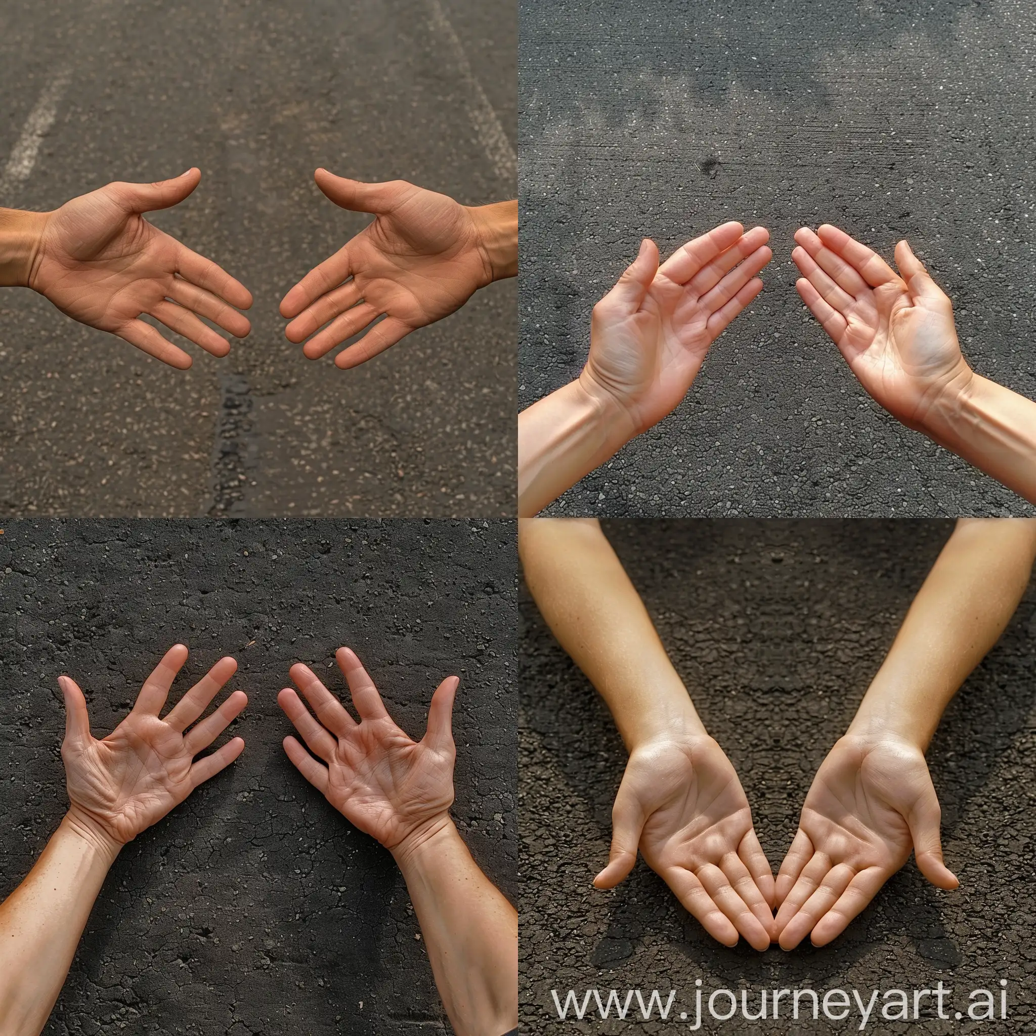 On asphalt ground, there are two hands facing each other.