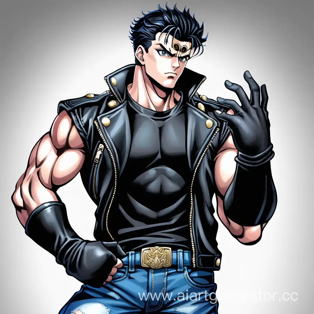 jojo bizarre adventure, strong muscular guy, black t-shirt, black leather jacket, blue jeans, black fingerless gloves, black short hair, serious face