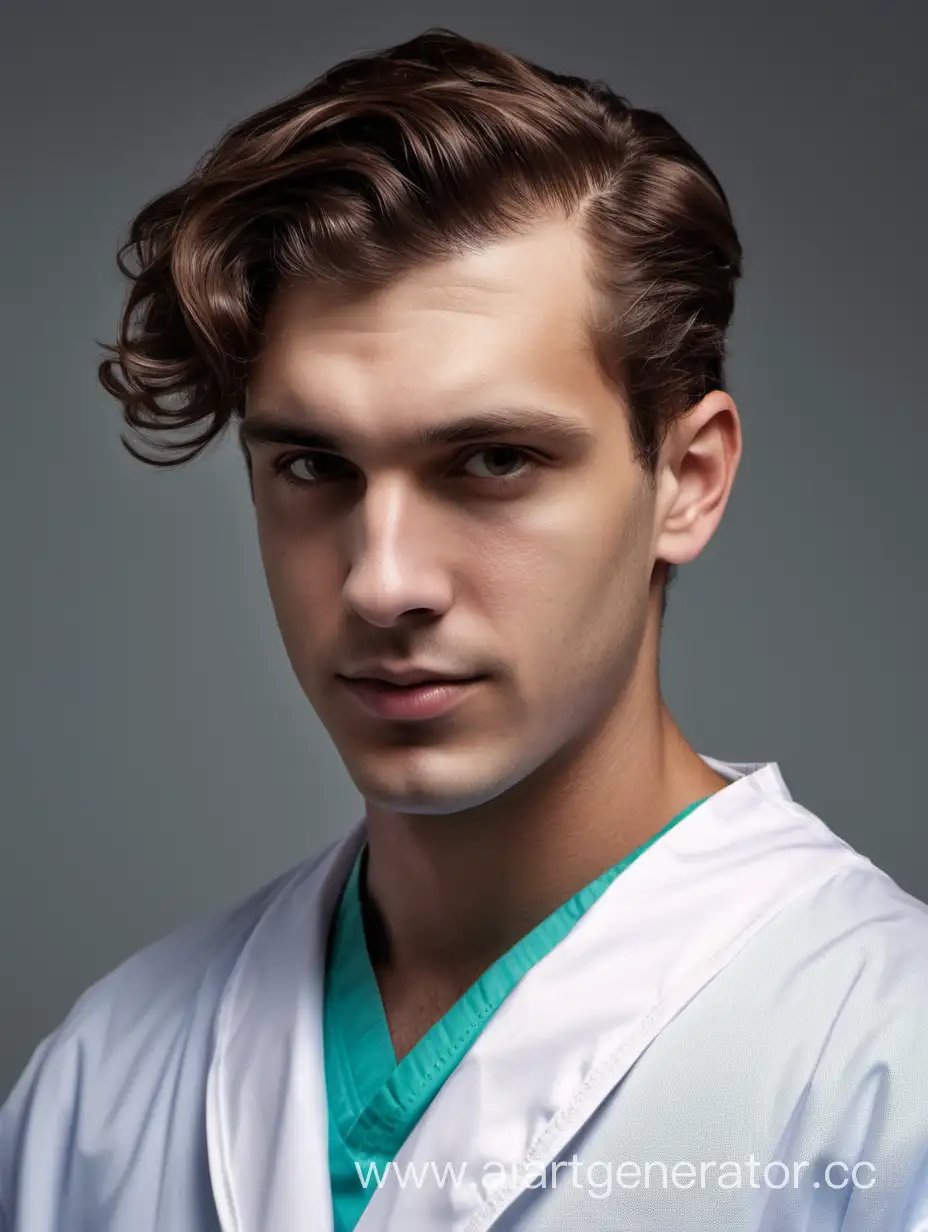 Young-Man-with-Asymmetrical-Hairstyle-in-Medical-Gown