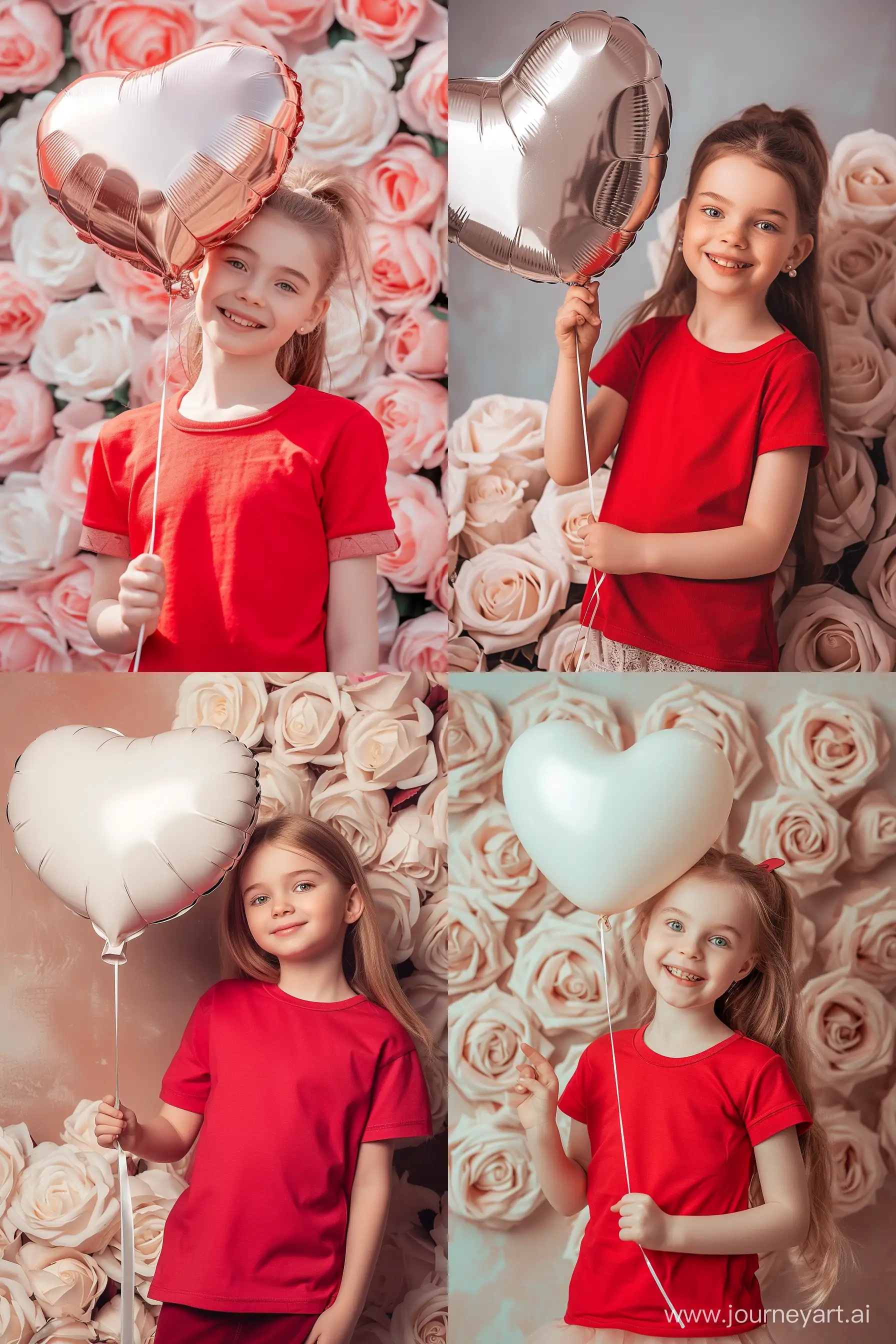 a photo of a little smiling pretty Italy model holding a big heart balloon on a string, it’s Valentine’s Day, she’s wearing a red jersey t-shirt, she is standing in big rose gaden, soft pastel colors --ar 2:3 --v 6.0