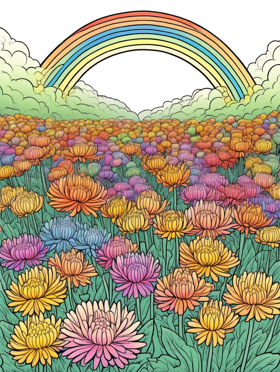 simple color line drawing of a field of rainbow colored crysantemums
