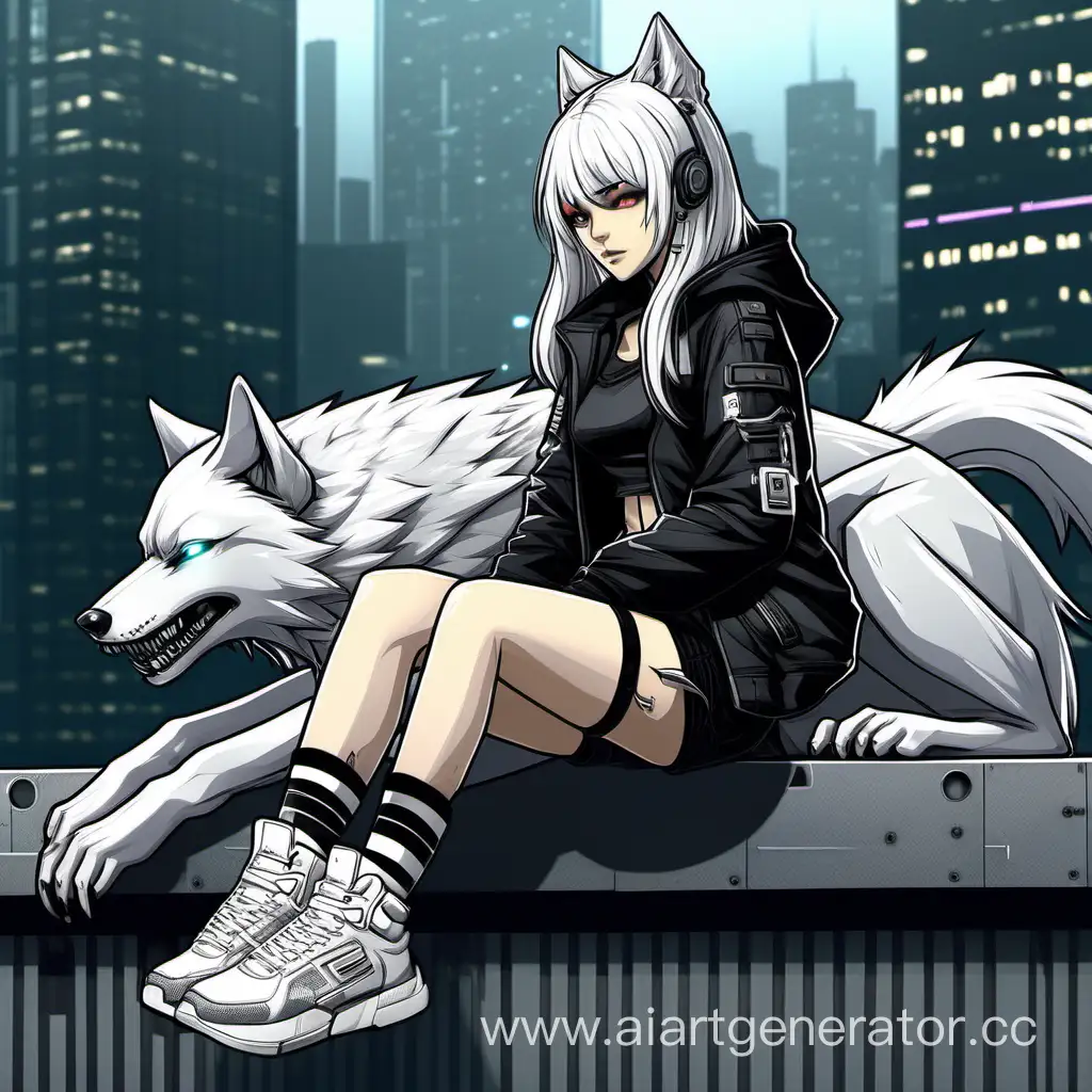 Cyberpunk, girl, wolf, white hair, gray eyes, white black clothes, white black sneakers, long socks, white tail