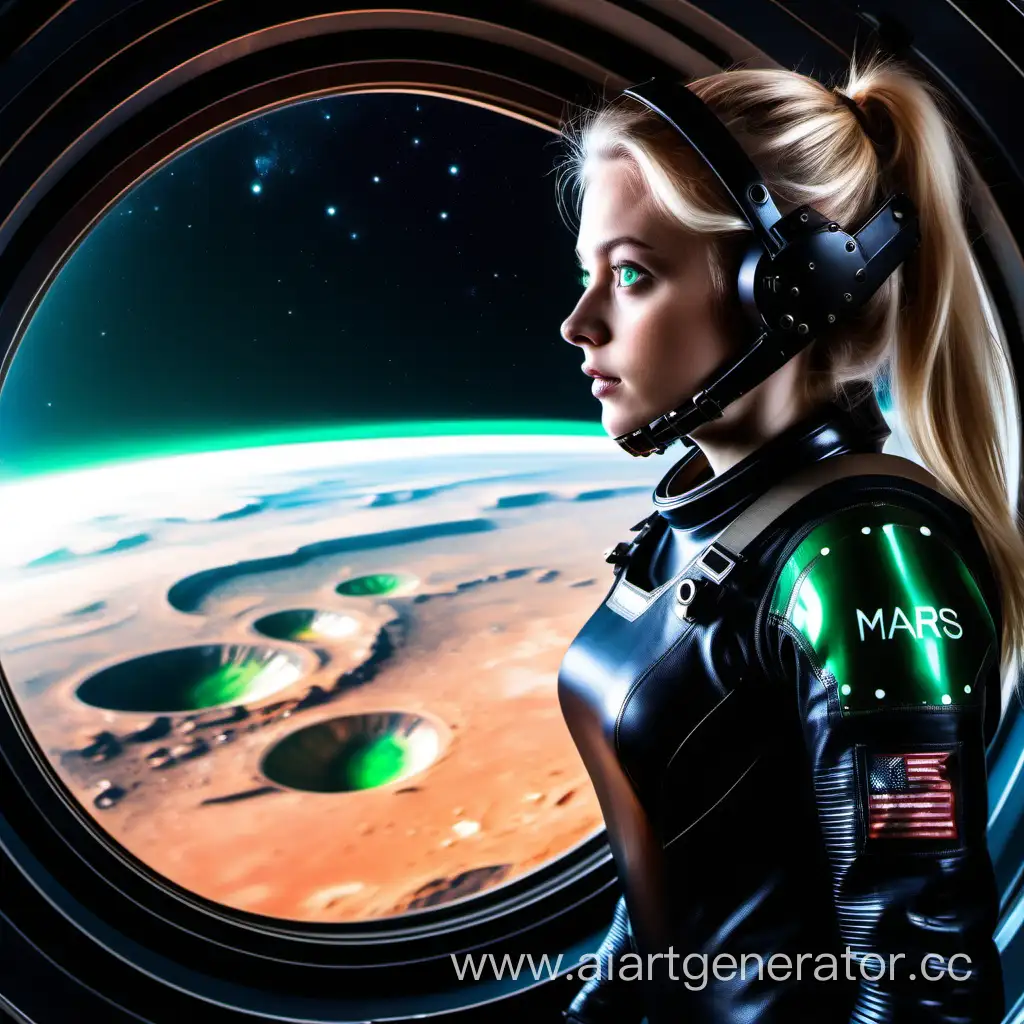 A blonde girl with green eyes in a tight black spacesuit with an open face, standing in a spaceship, looks at the planet Mars from a large panoramic window.